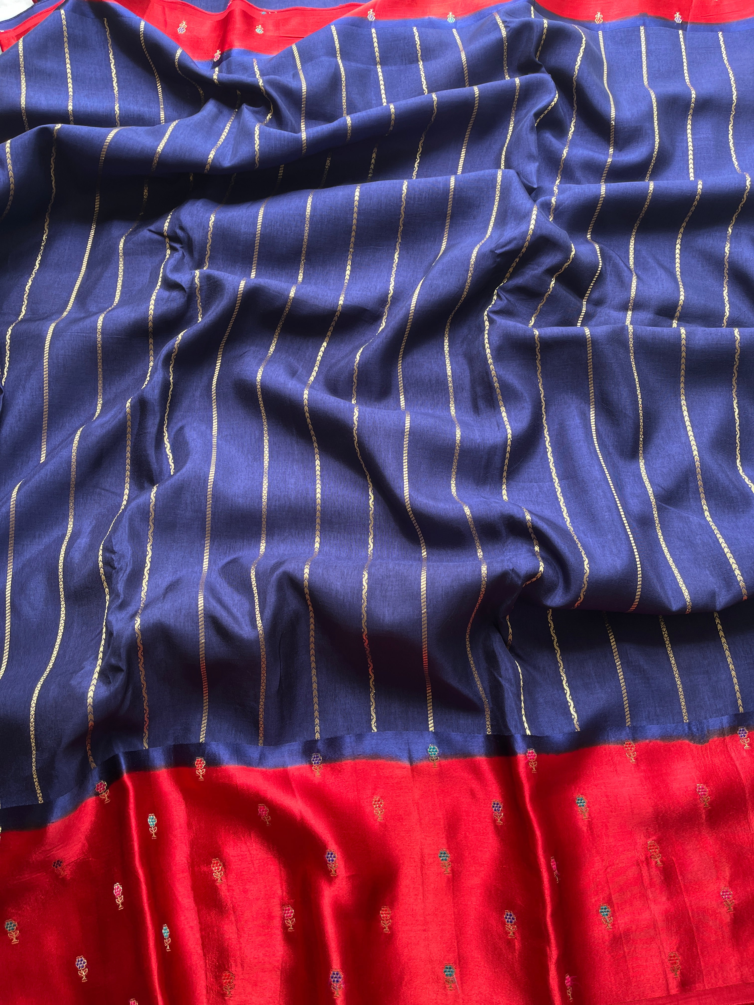 Navy Blue with Red Border Viscose Satin Saree