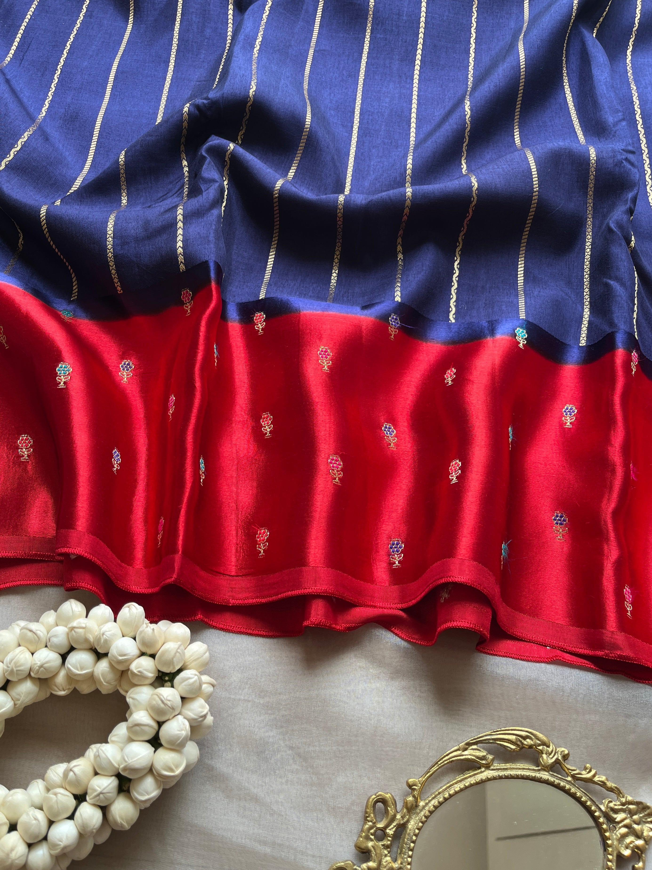 Navy Blue with Red Border Viscose Satin Saree