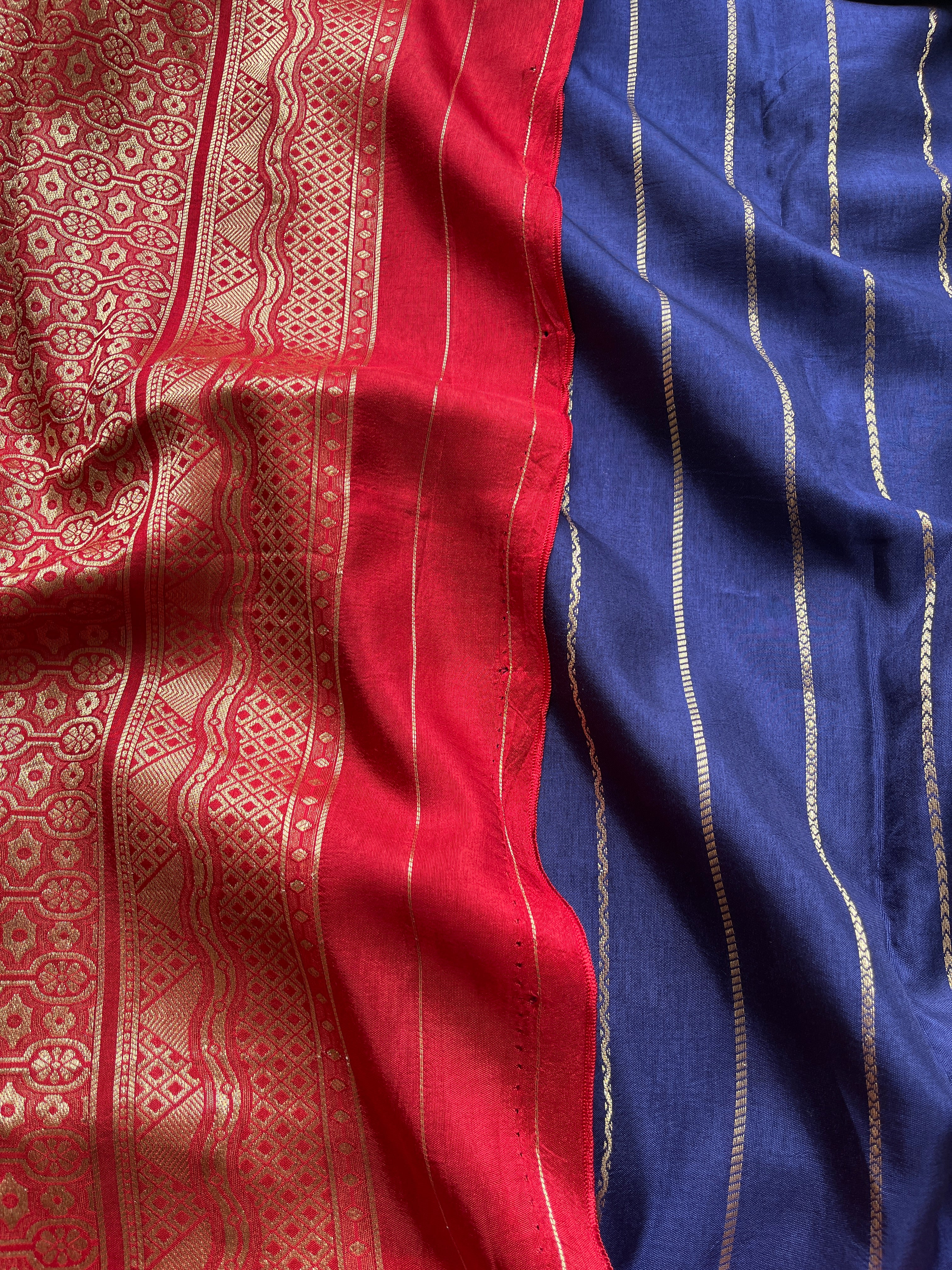Navy Blue with Red Border Viscose Satin Saree
