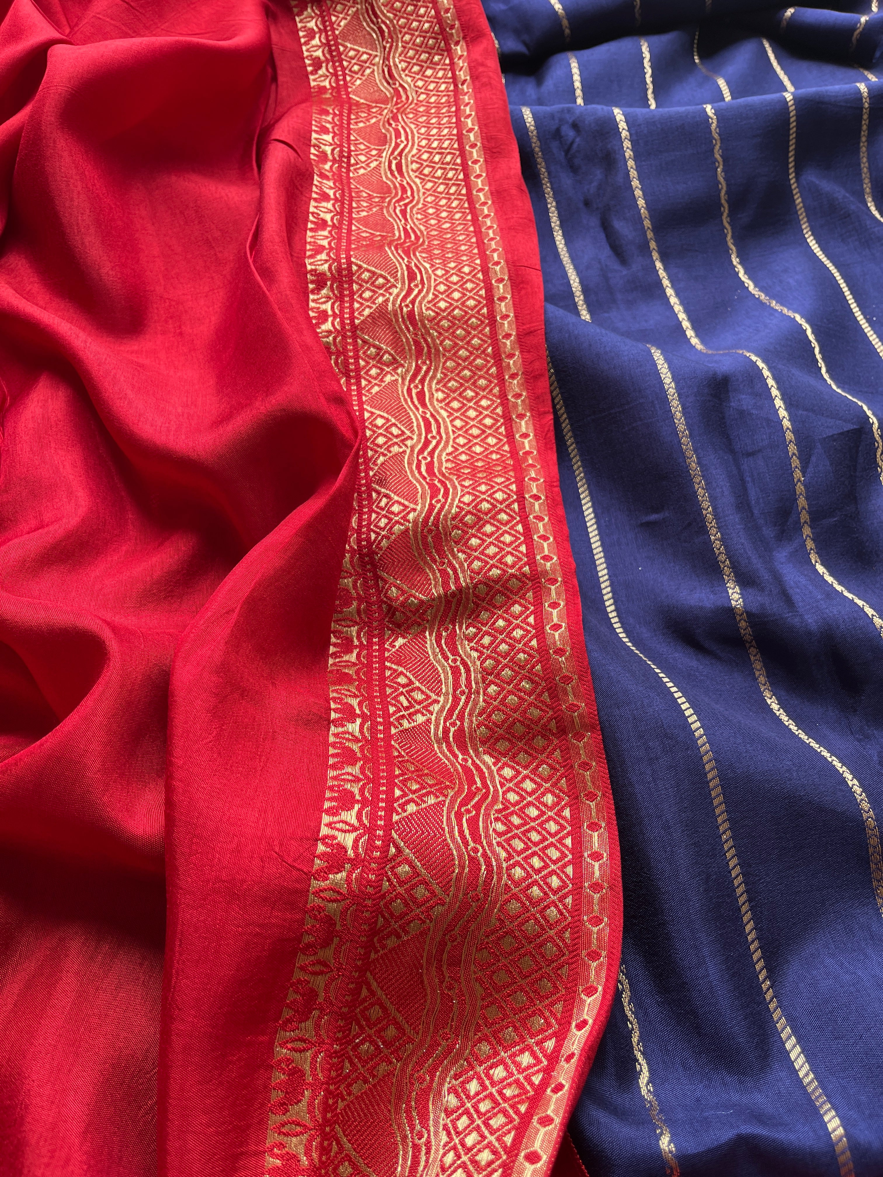 Navy Blue with Red Border Viscose Satin Saree