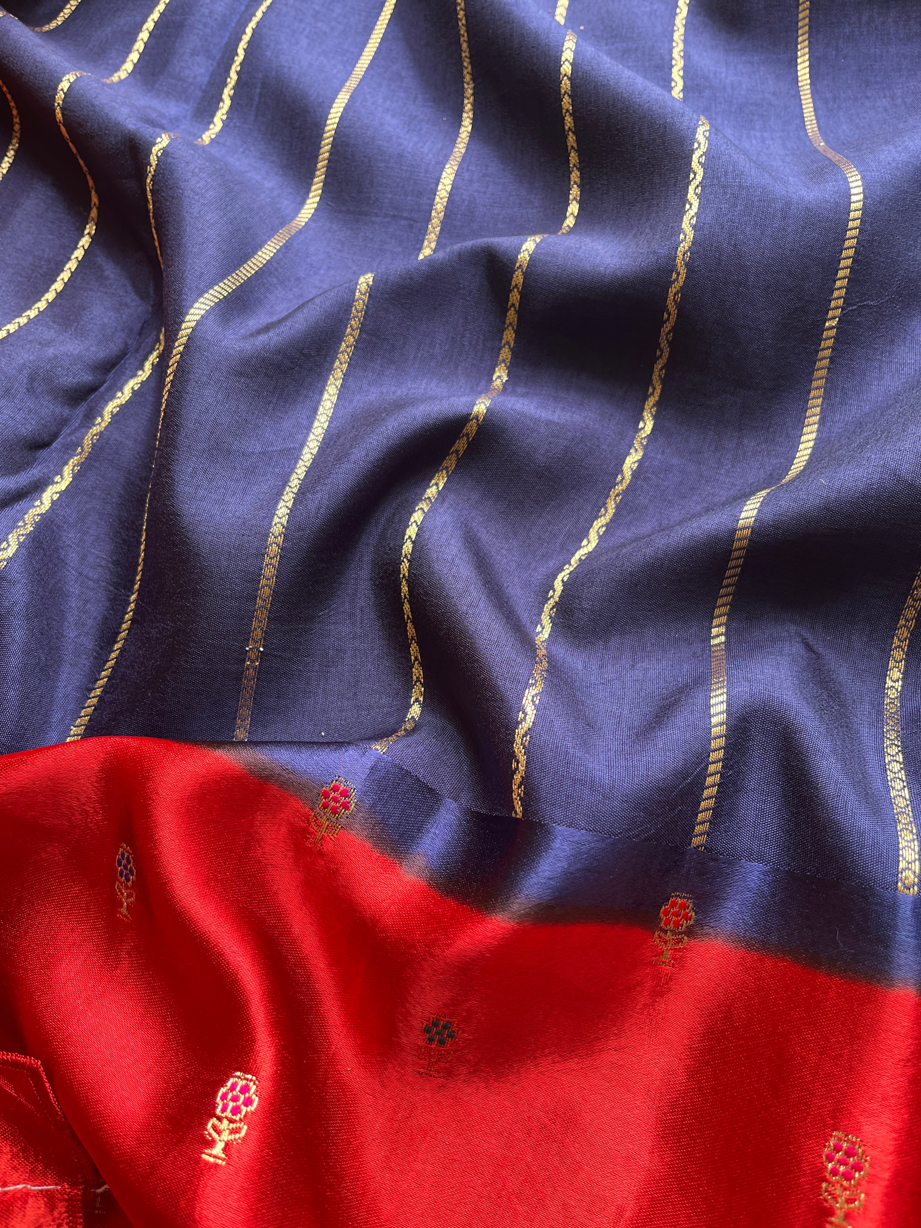 Navy Blue with Red Border Viscose Satin Saree