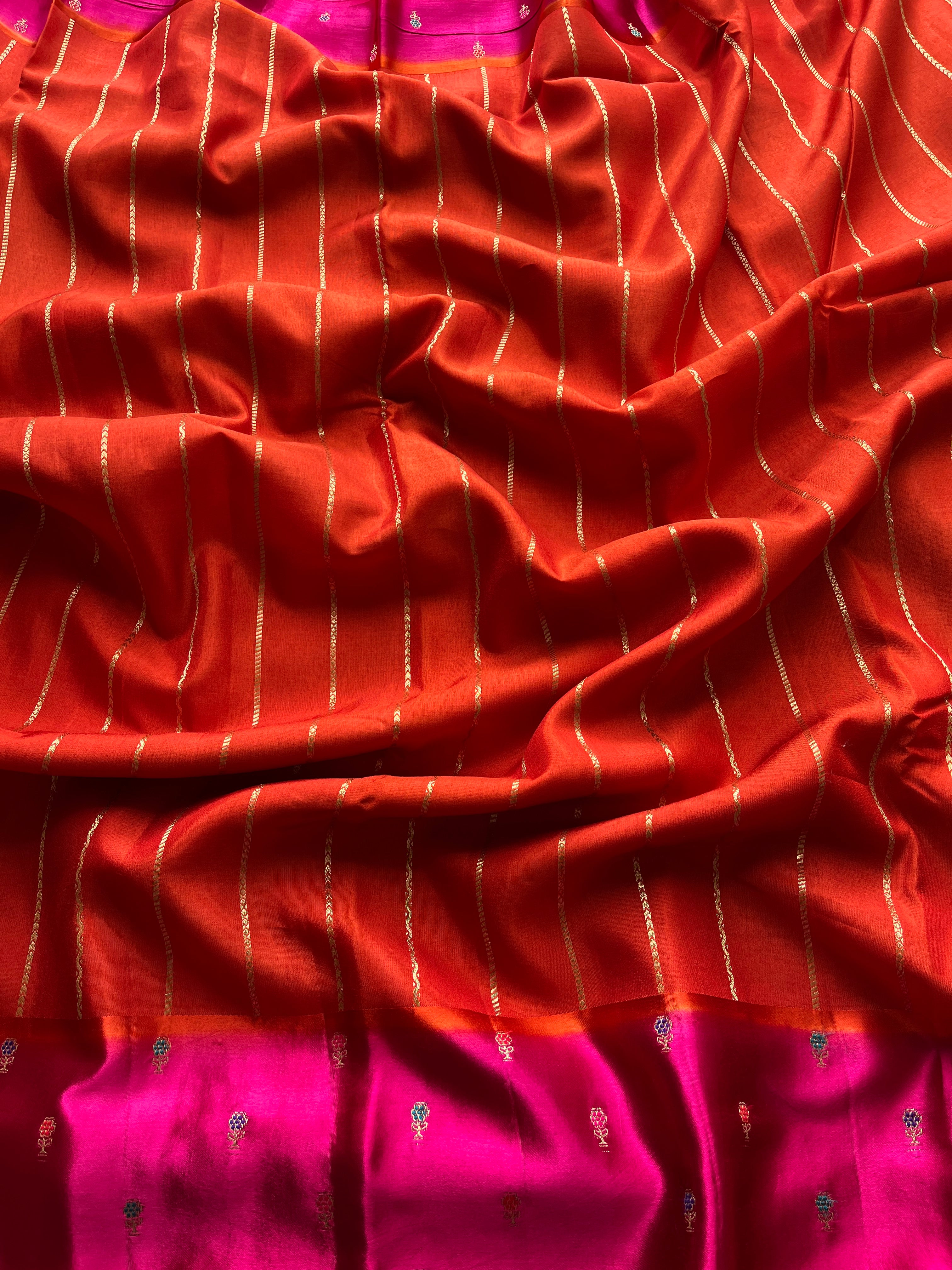Rust Orange with Pink Border Viscose Satin Saree