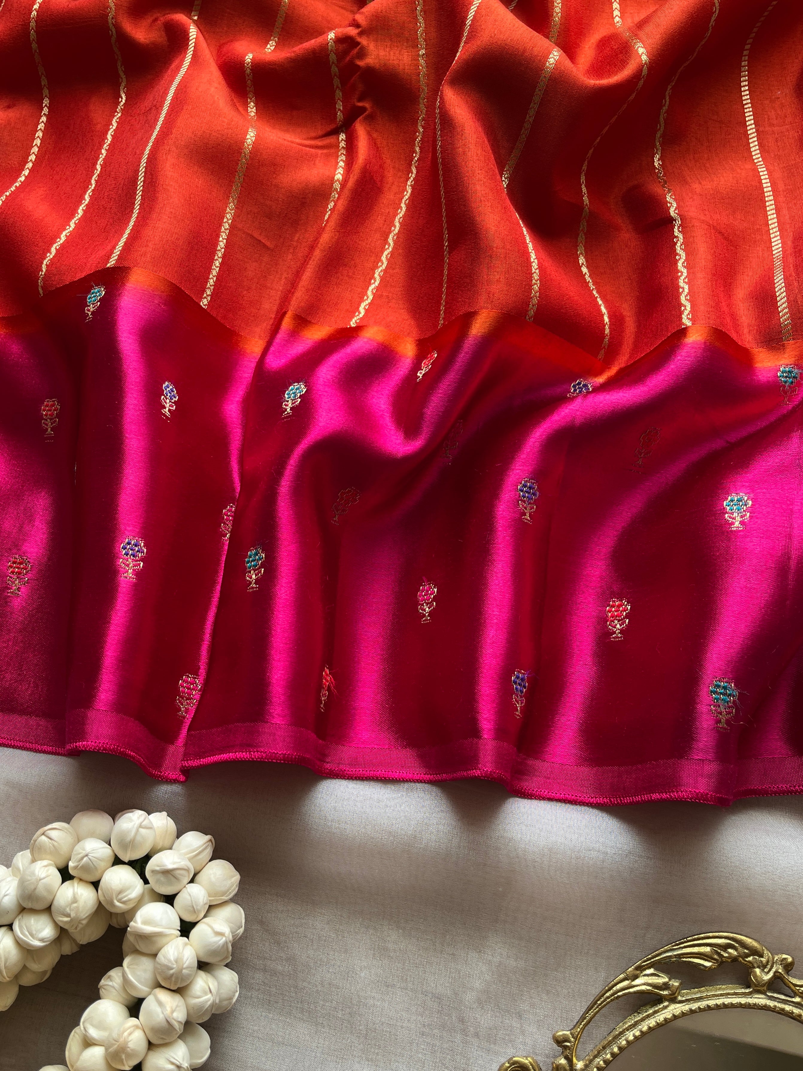 Rust Orange with Pink Border Viscose Satin Saree