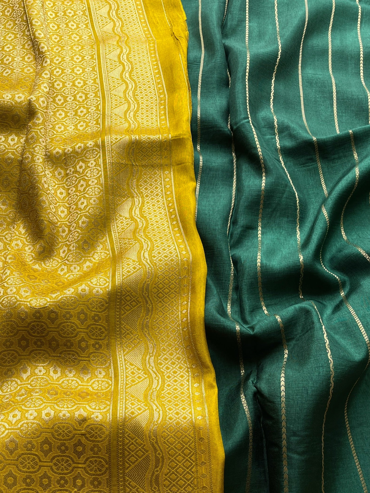 Bottle Green with Mustard Border Viscose Satin Saree