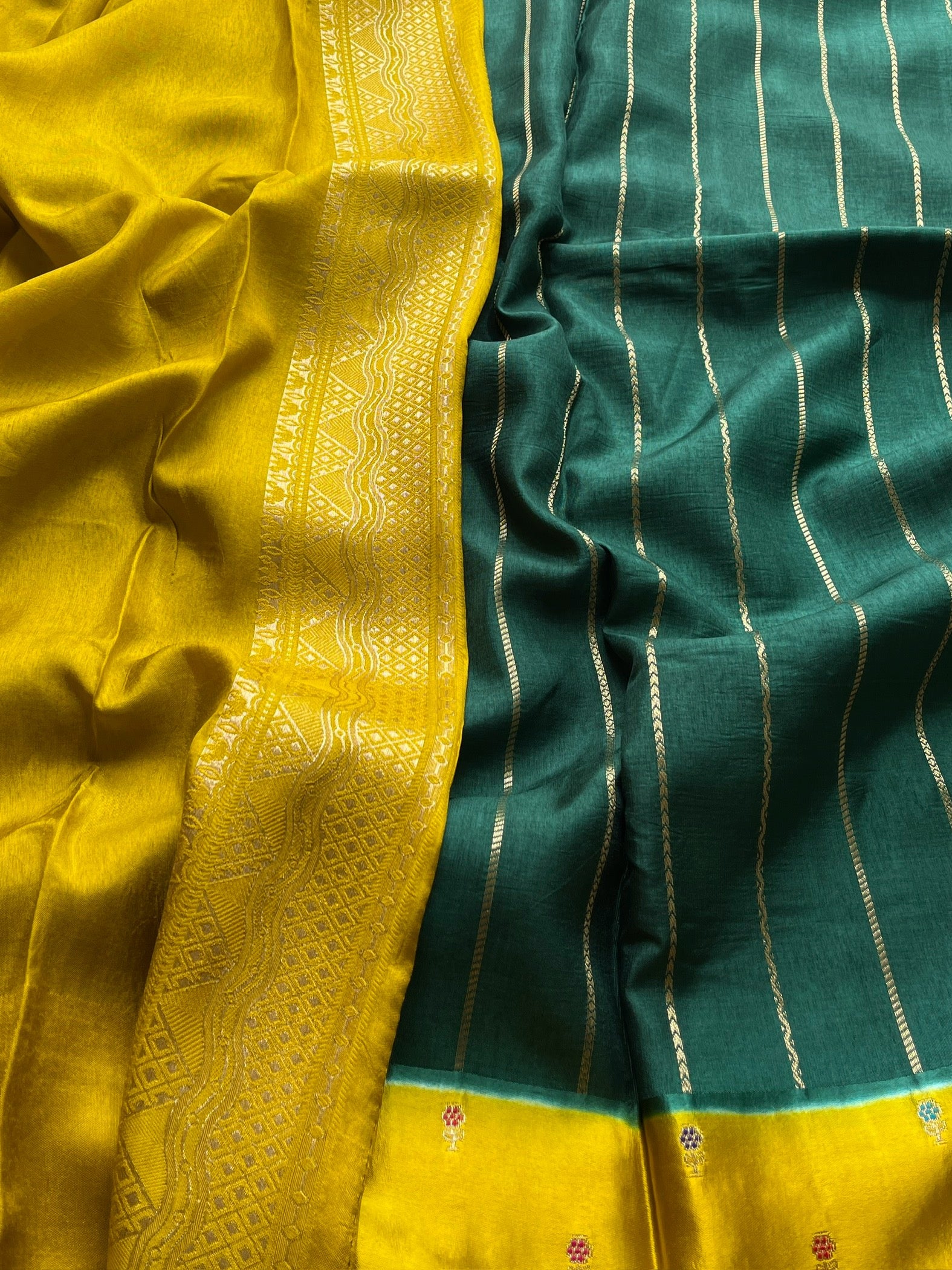 Bottle Green with Mustard Border Viscose Satin Saree