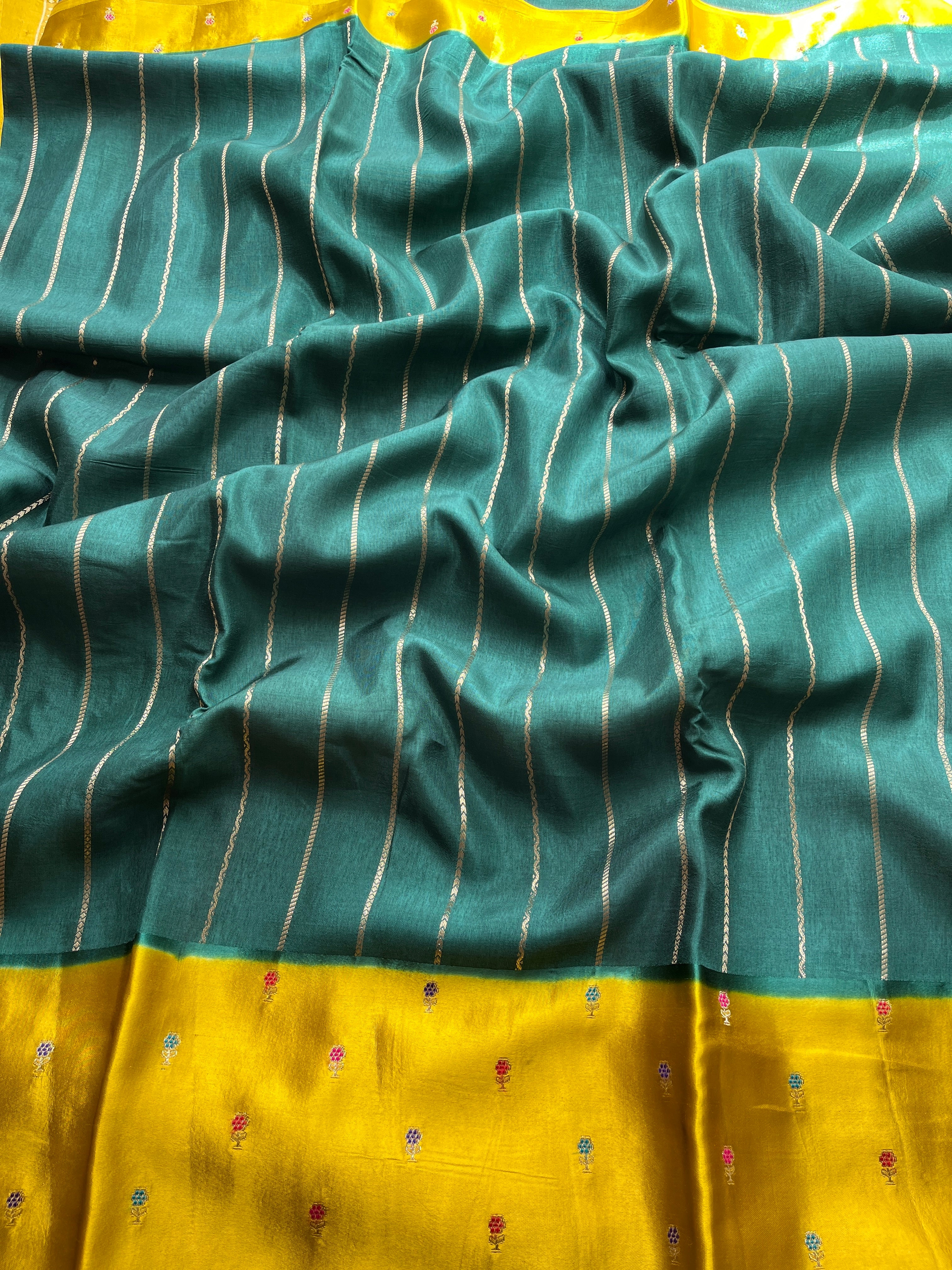 Bottle Green with Mustard Border Viscose Satin Saree
