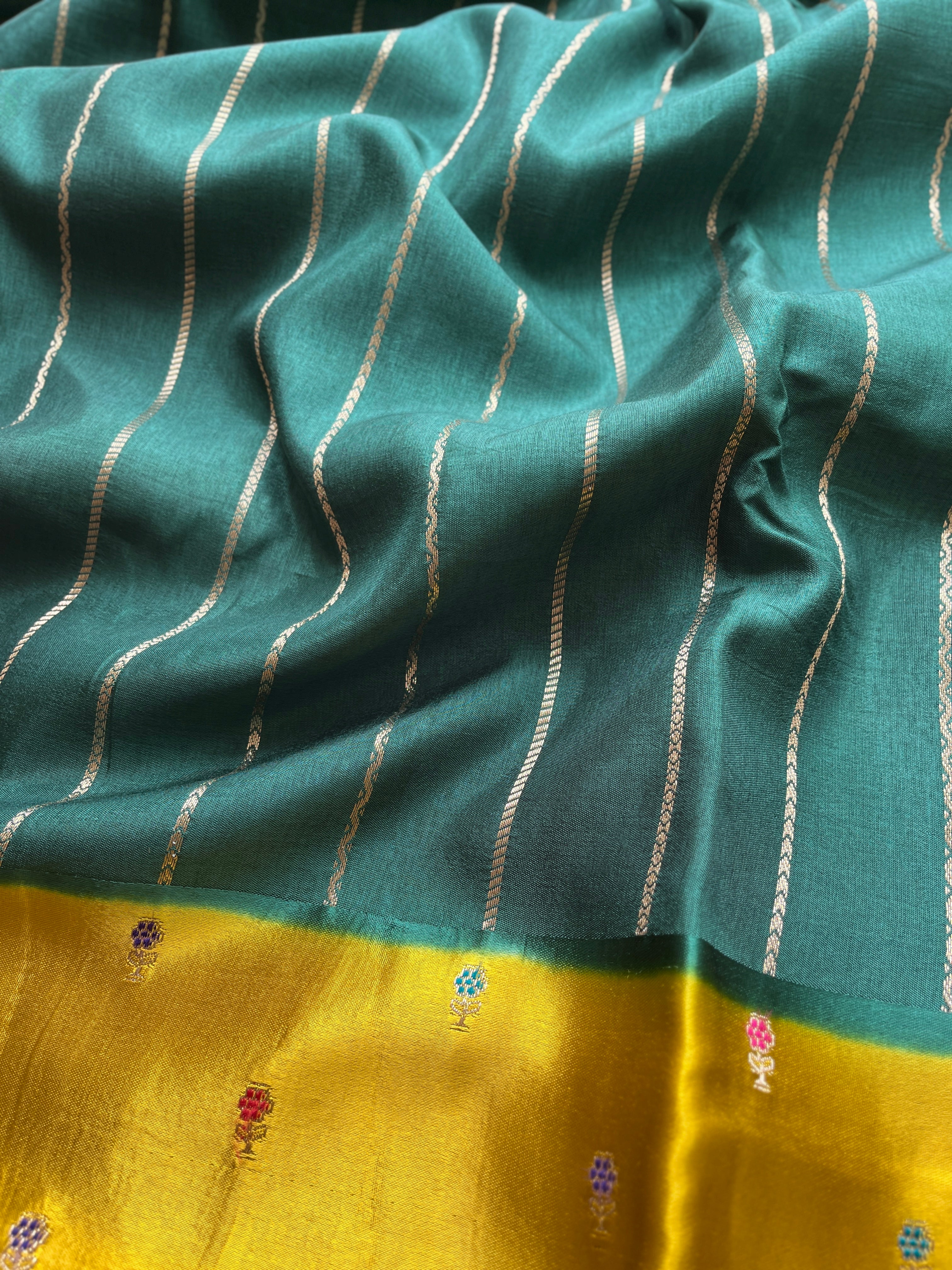 Bottle Green with Mustard Border Viscose Satin Saree