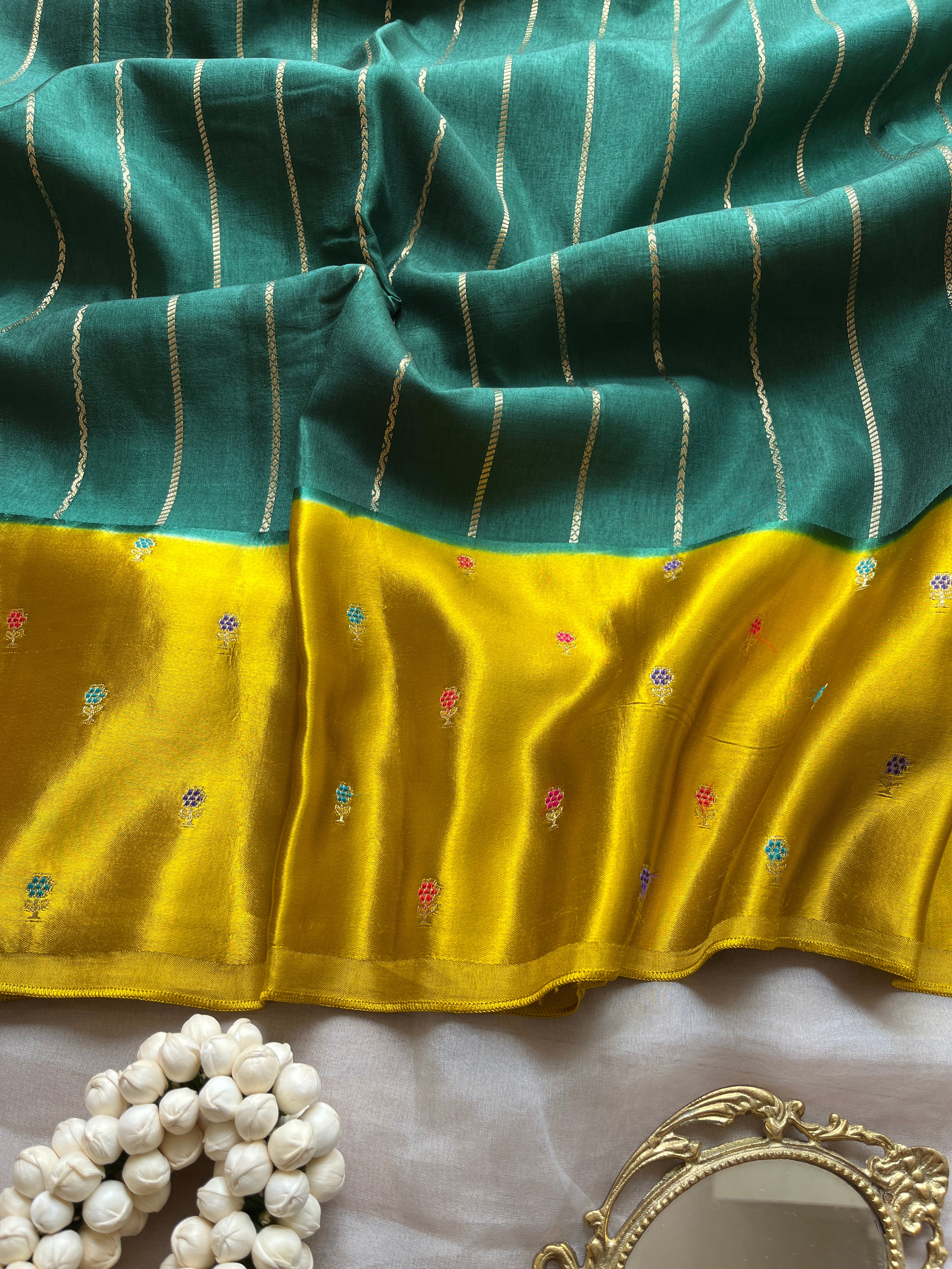 Bottle Green with Mustard Border Viscose Satin Saree