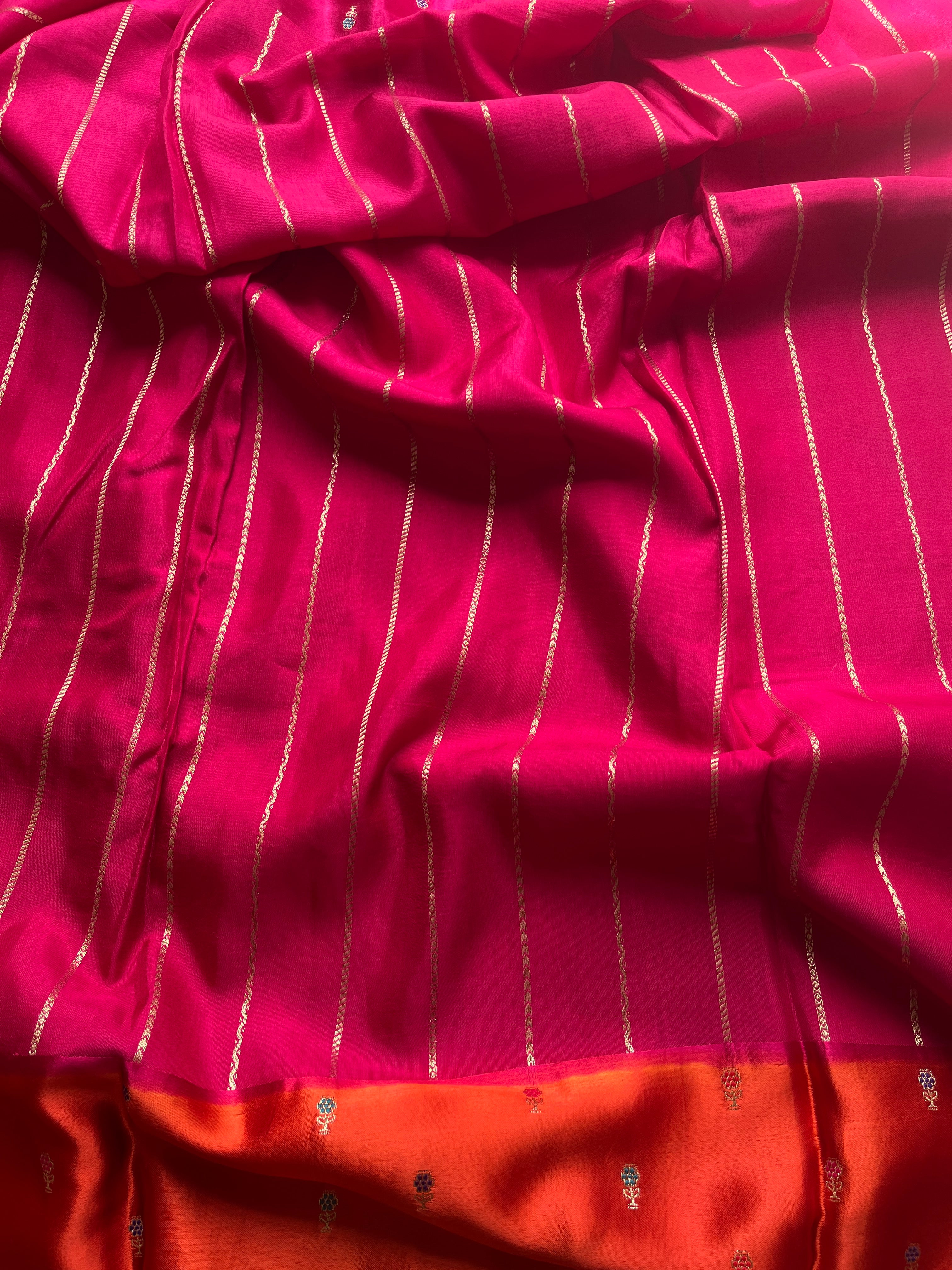Rani Pink with Orange Border Viscose Satin Saree