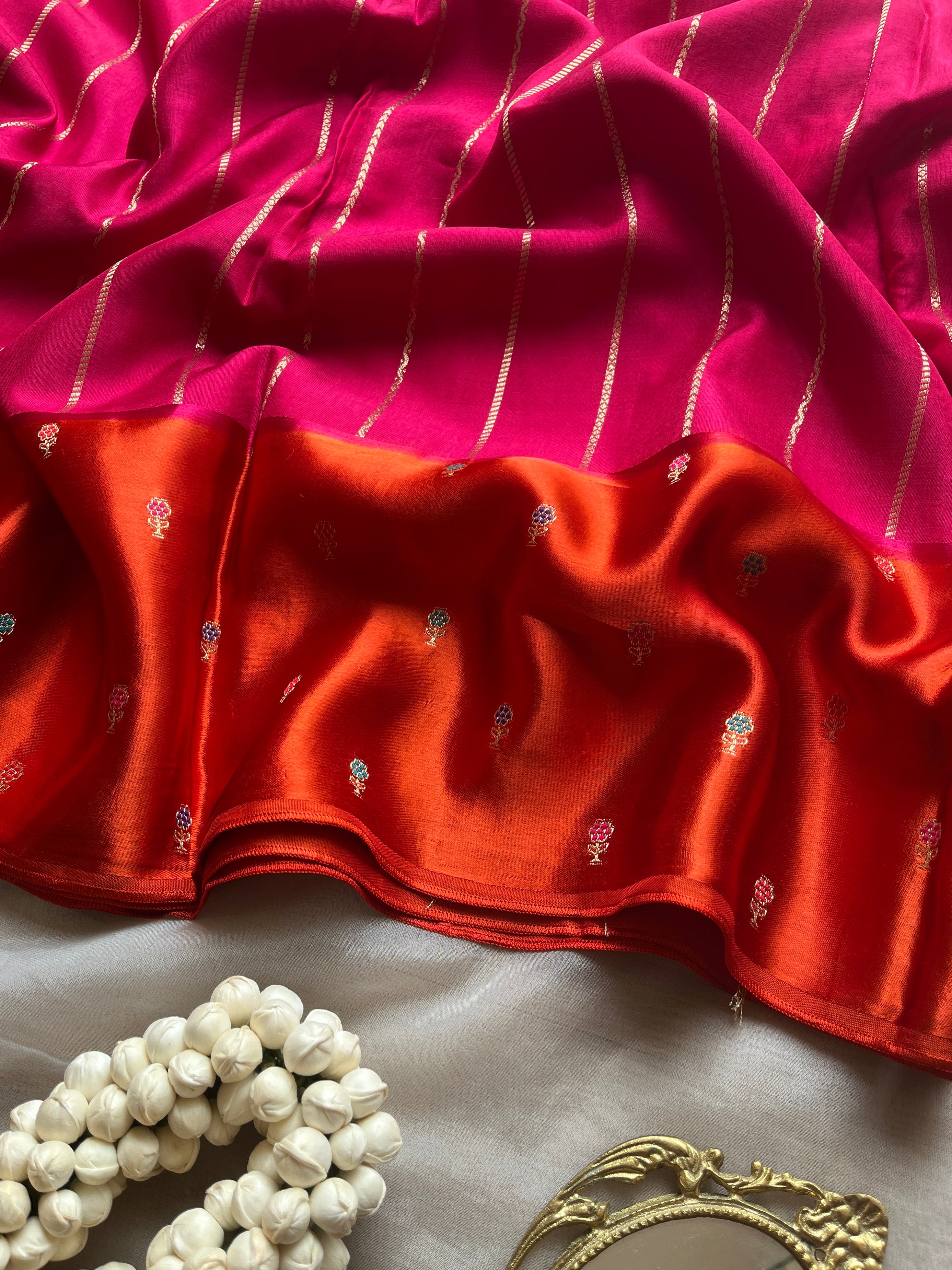 Rani Pink with Orange Border Viscose Satin Saree
