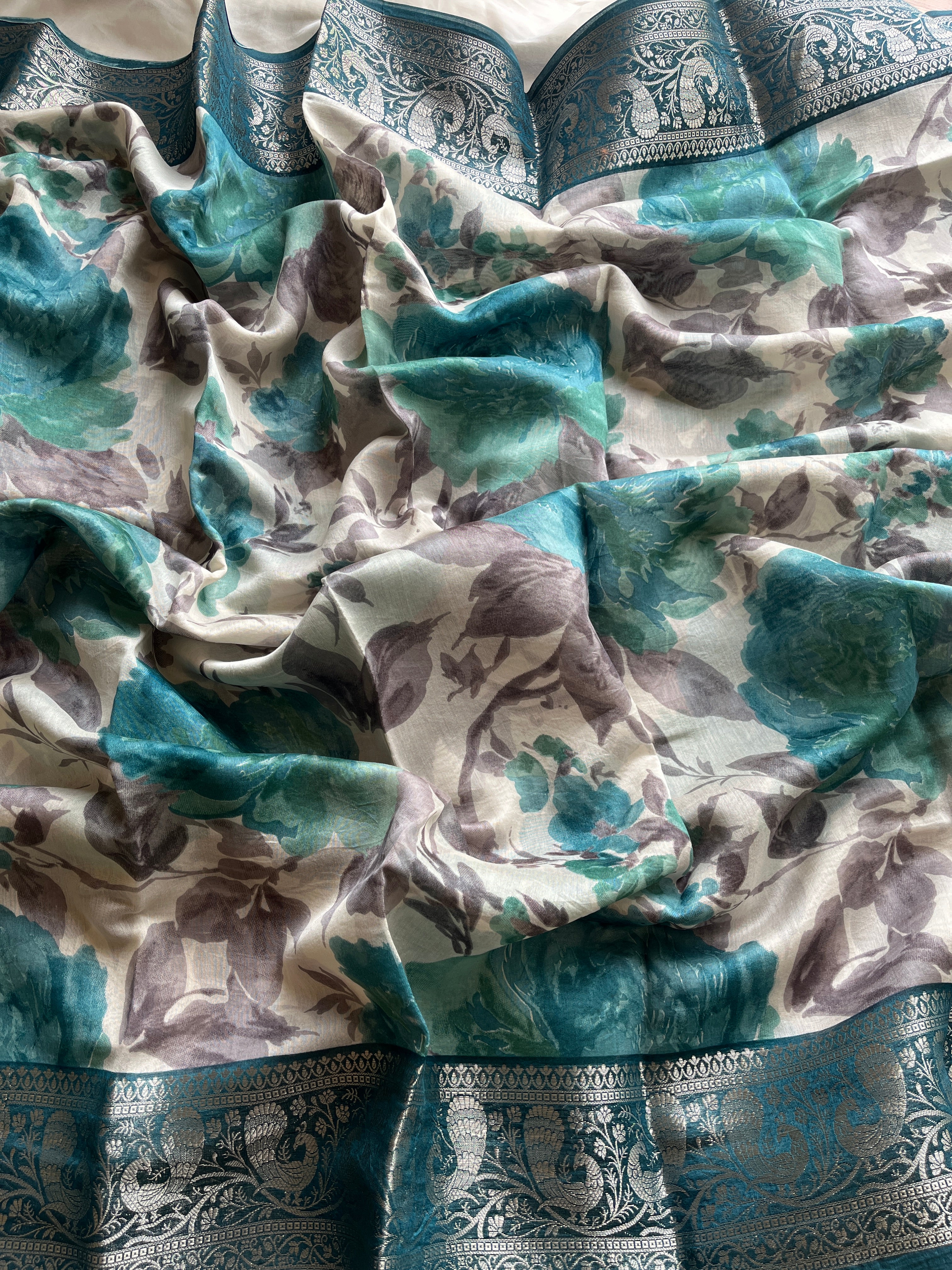 Teal Blue Chanderi floral saree