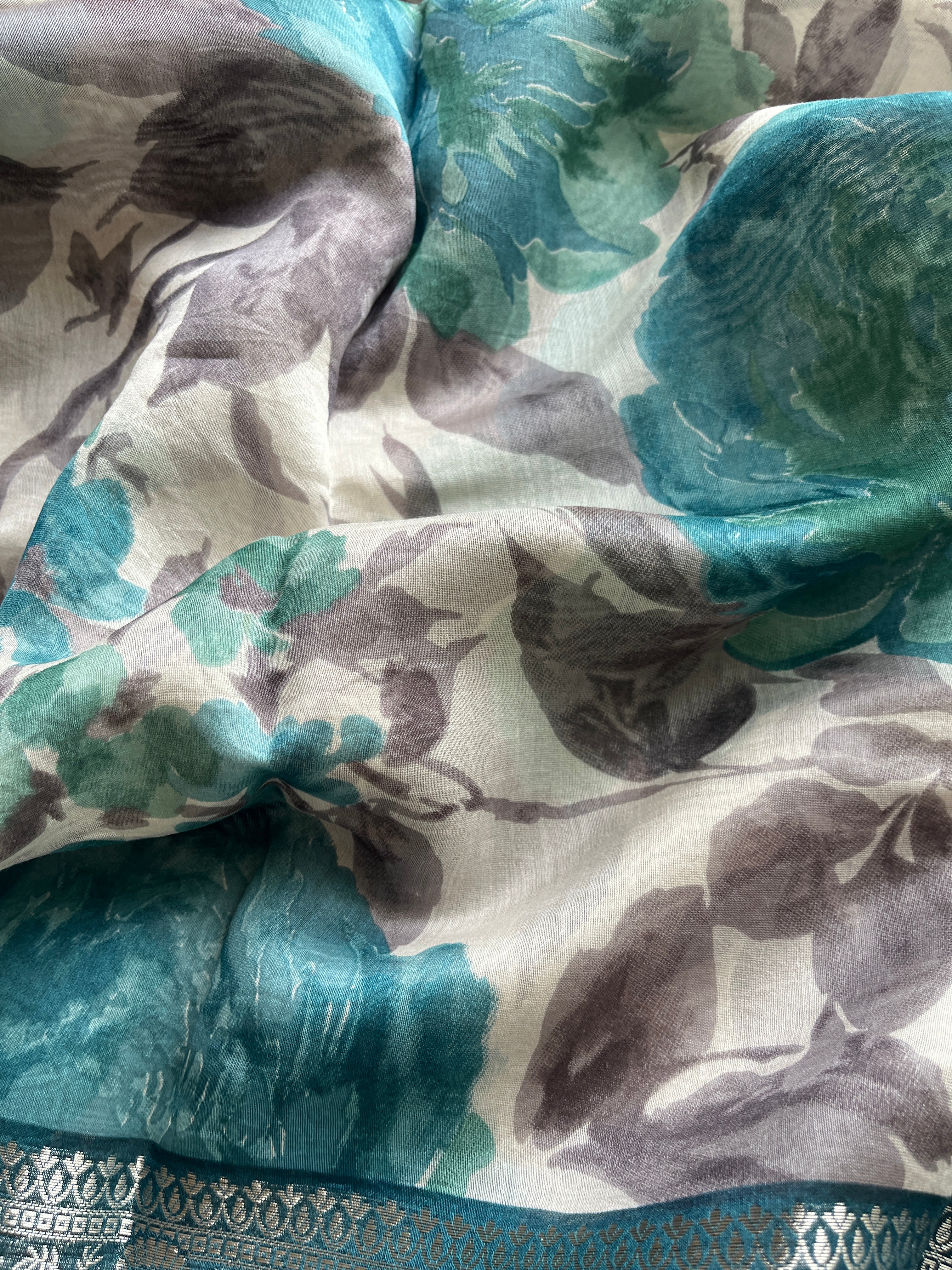 Teal Blue Chanderi floral saree