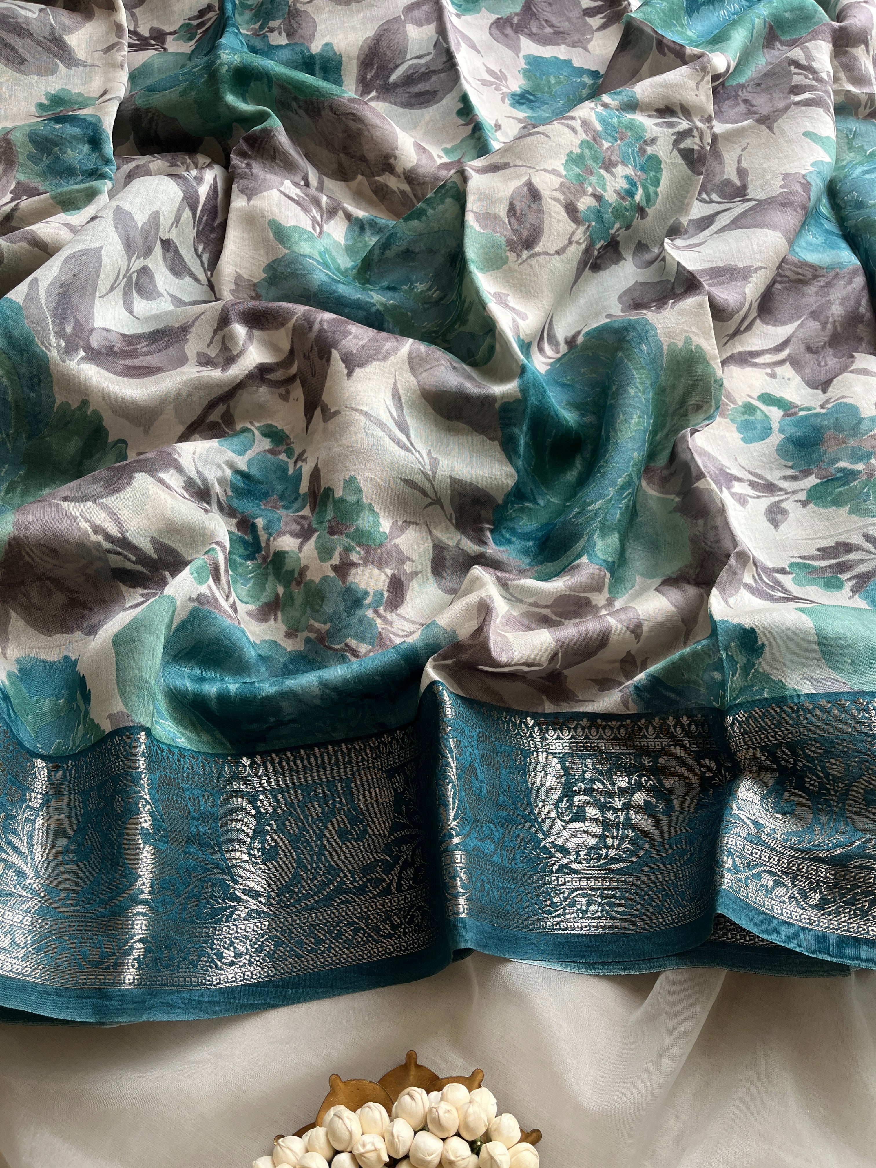 Teal Blue Chanderi floral saree