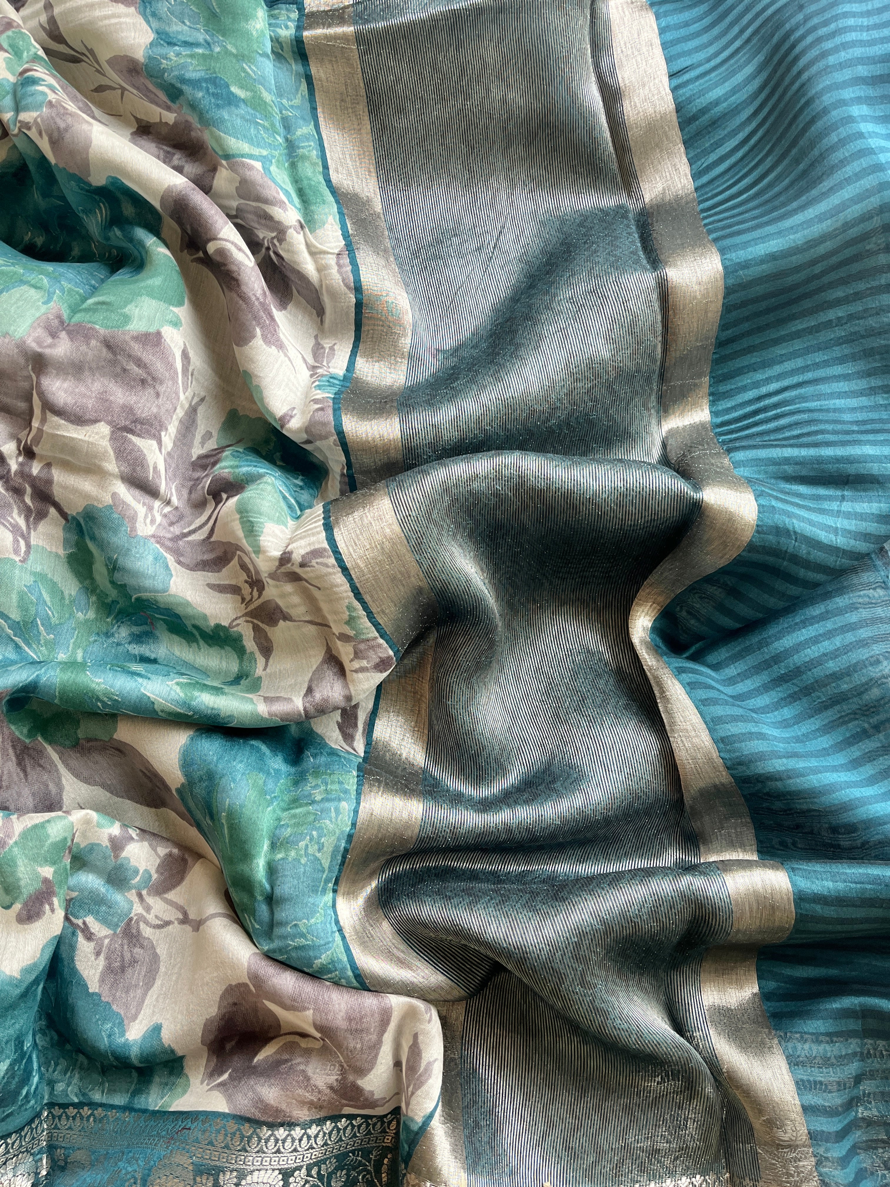 Teal Blue Chanderi floral saree