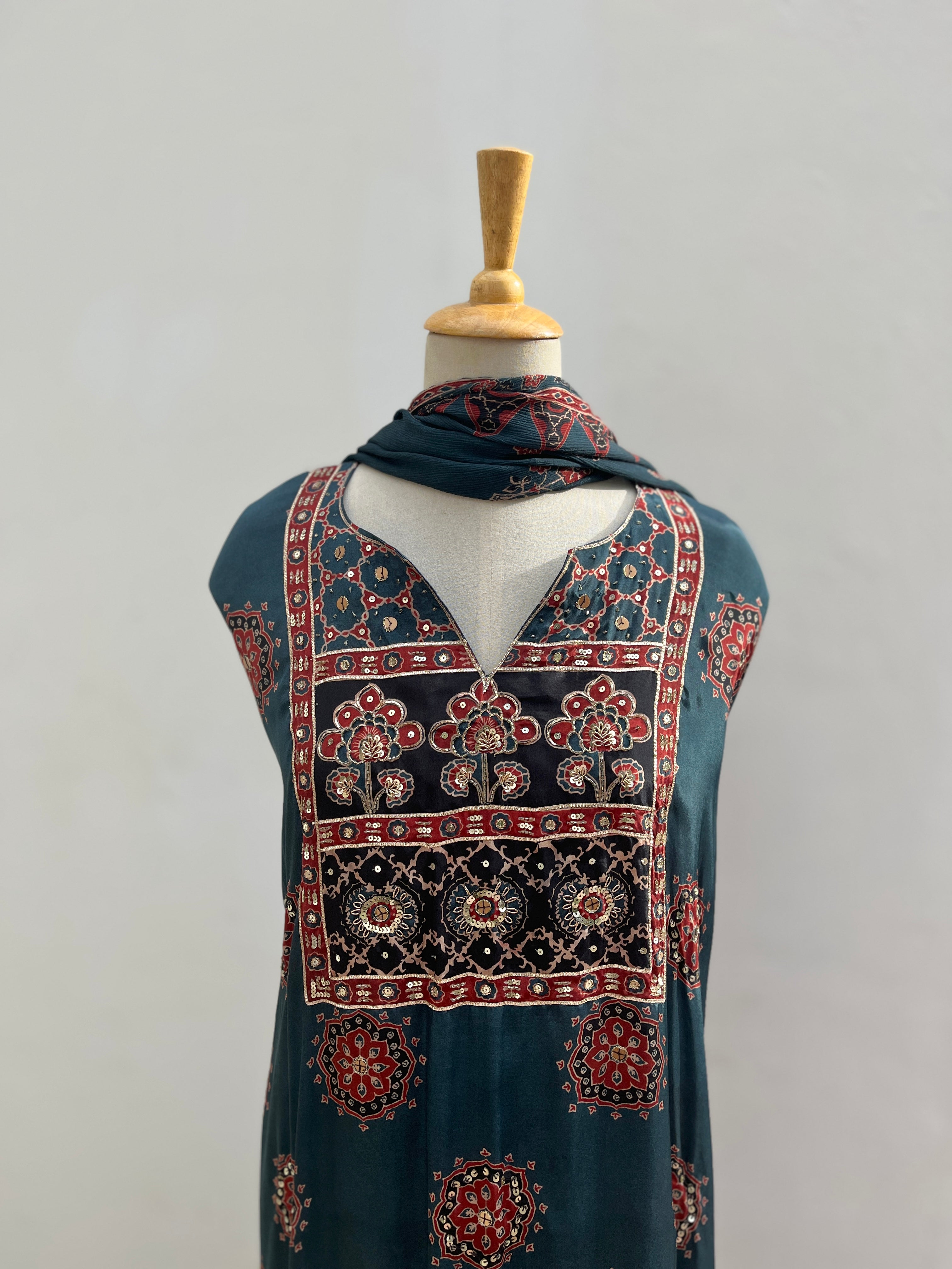 Ajrak blue semi stitched suit set