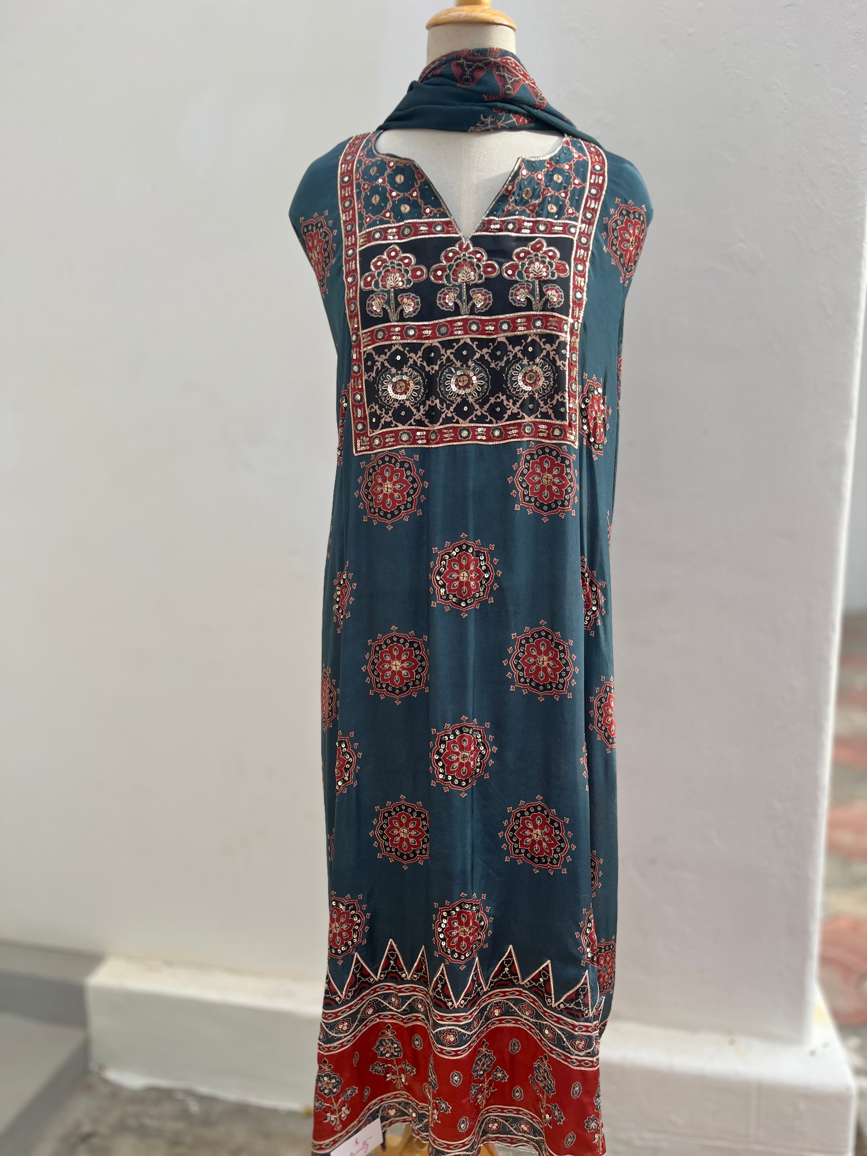 Ajrak blue semi stitched suit set