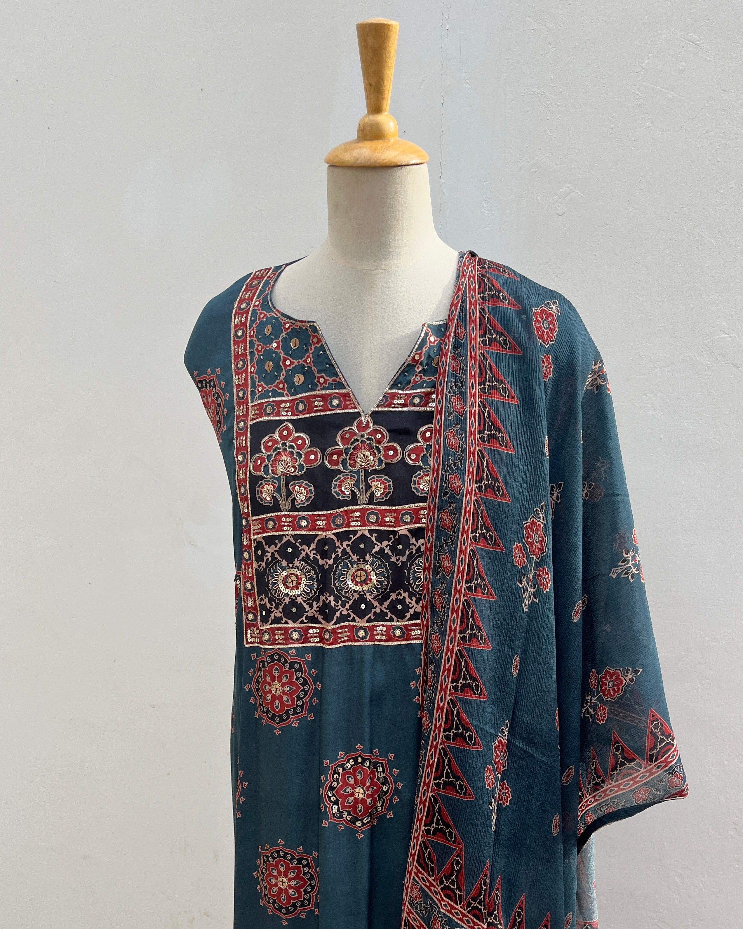 Ajrak blue semi stitched suit set