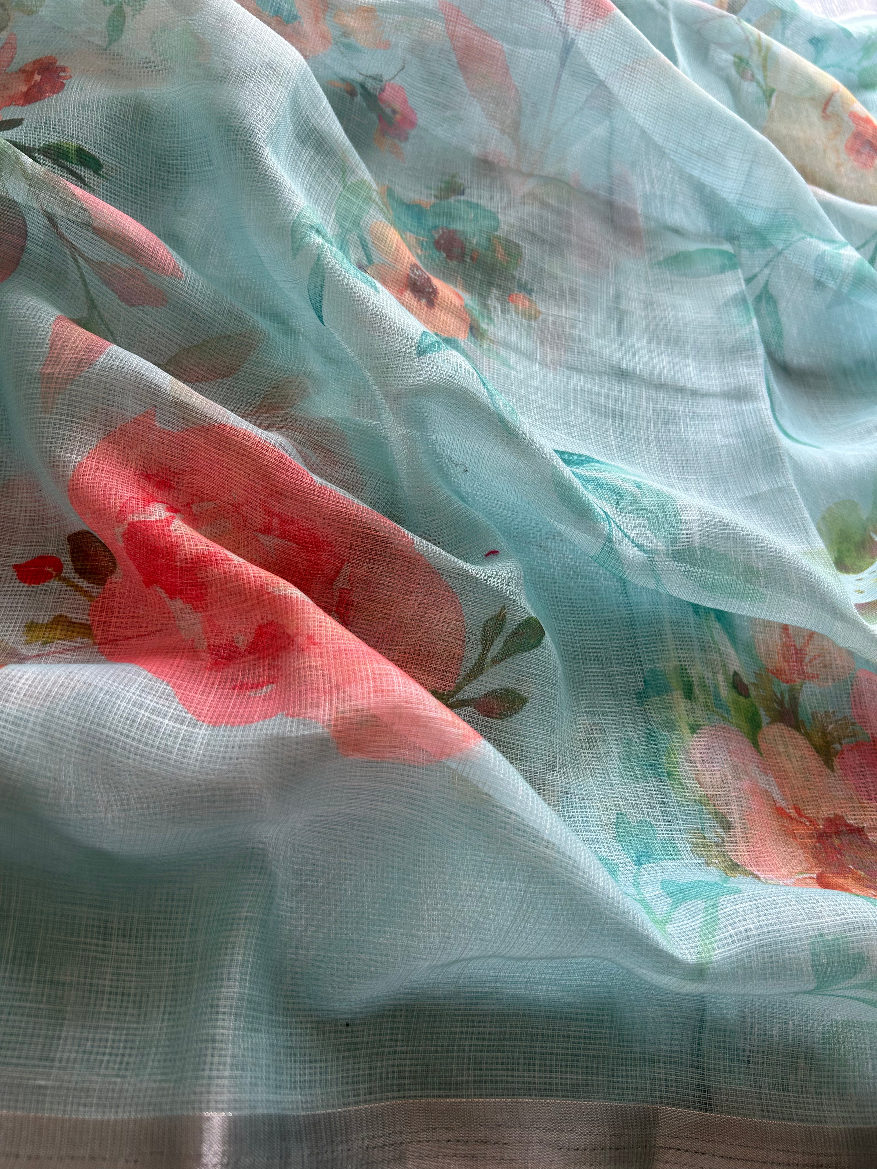 Blue linen cotton saree