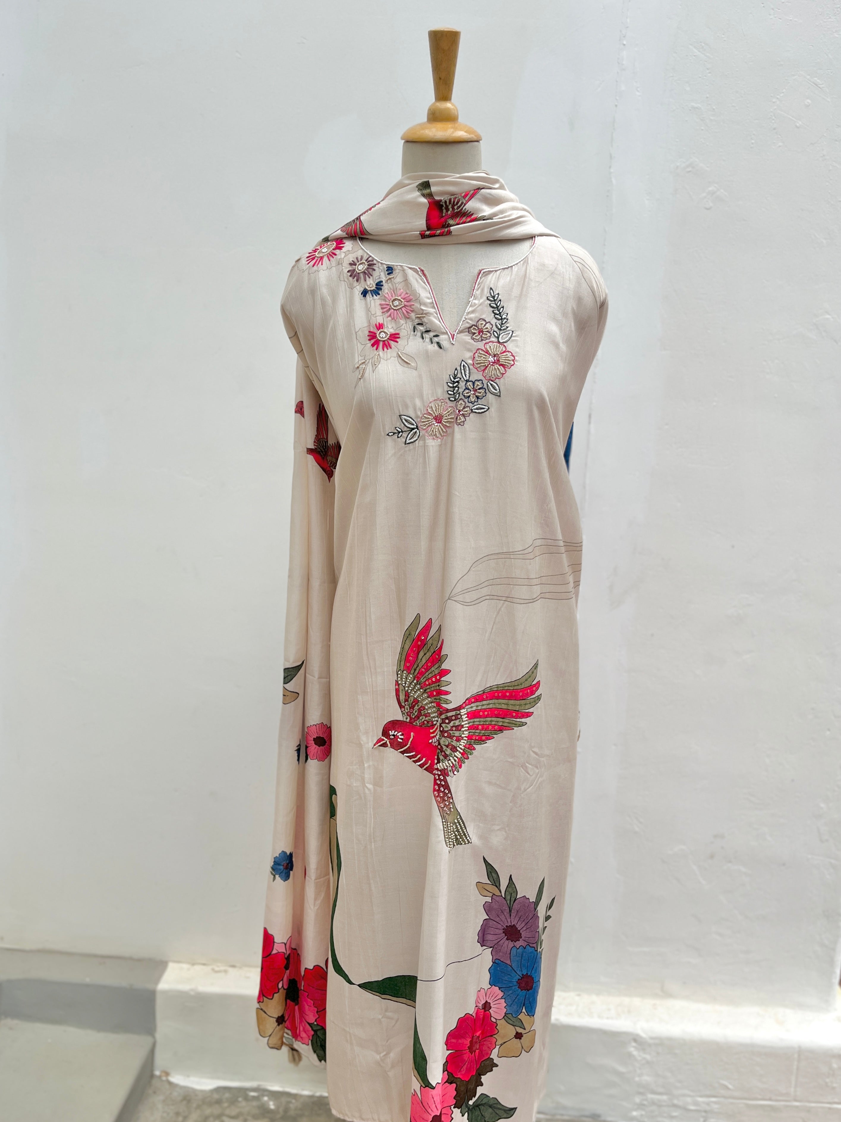 Cream printed semi stitched suit set