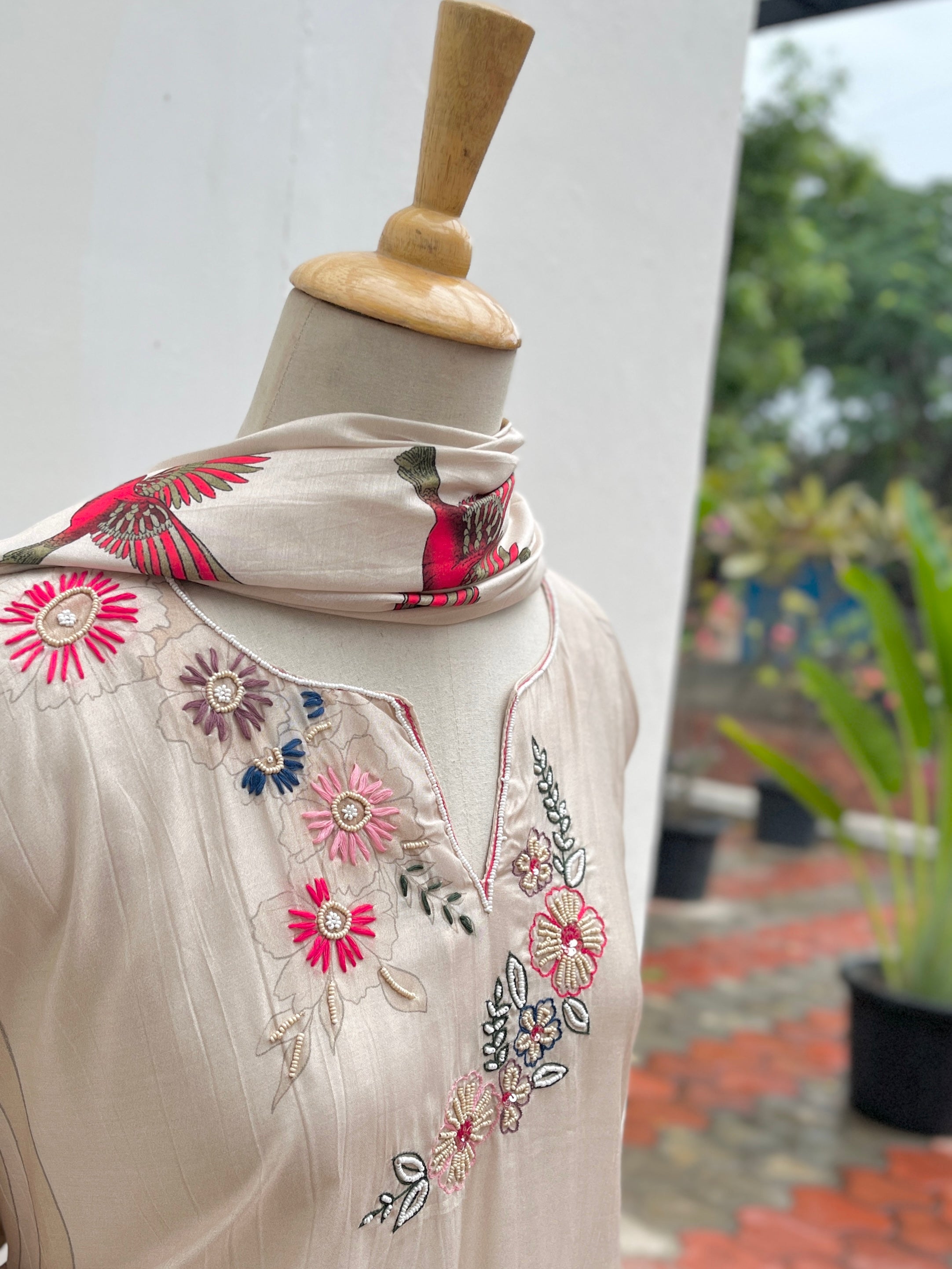 Cream printed semi stitched suit set