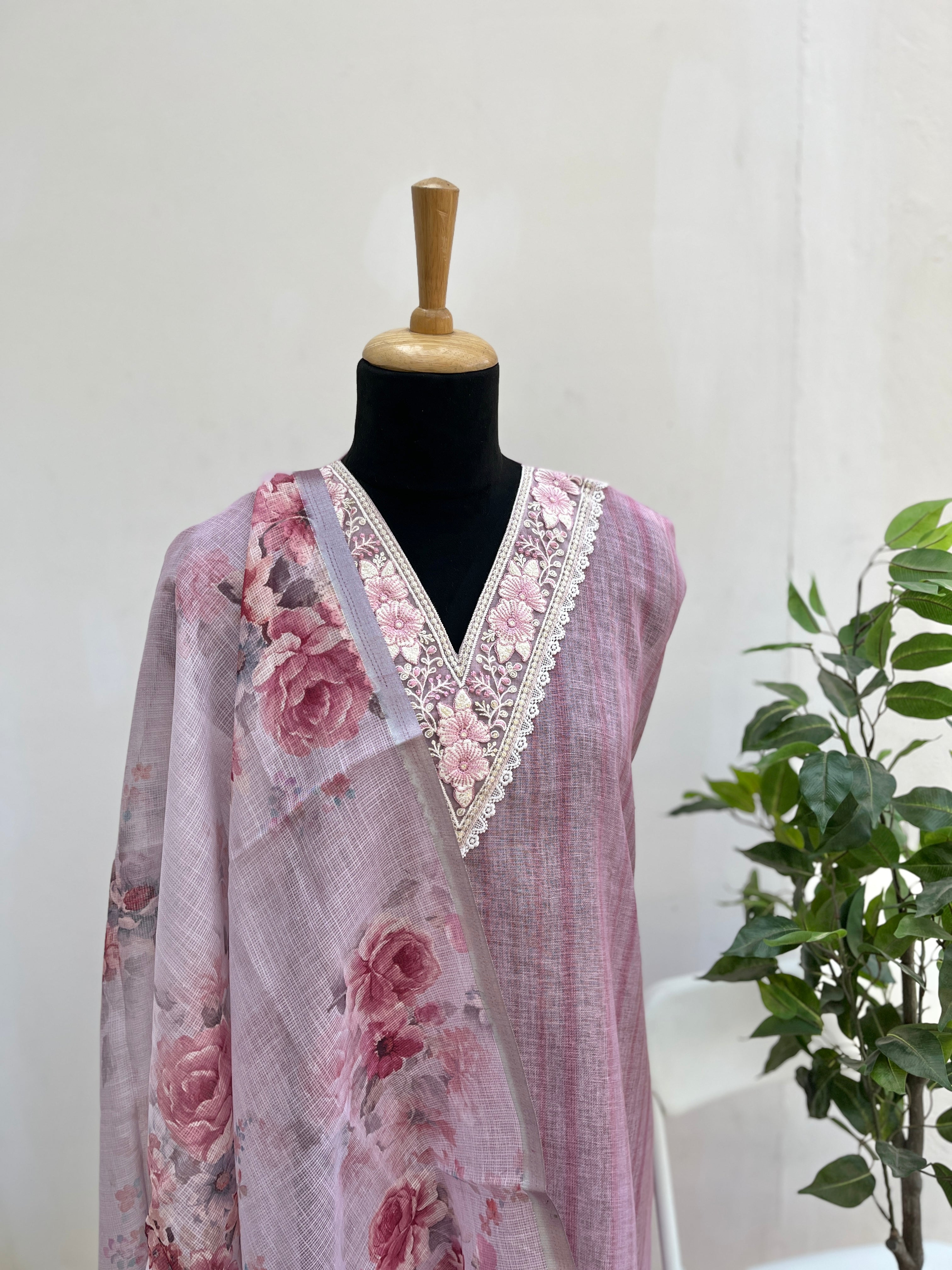 Onion Pink Linen cotton semi stitched salwar suit set