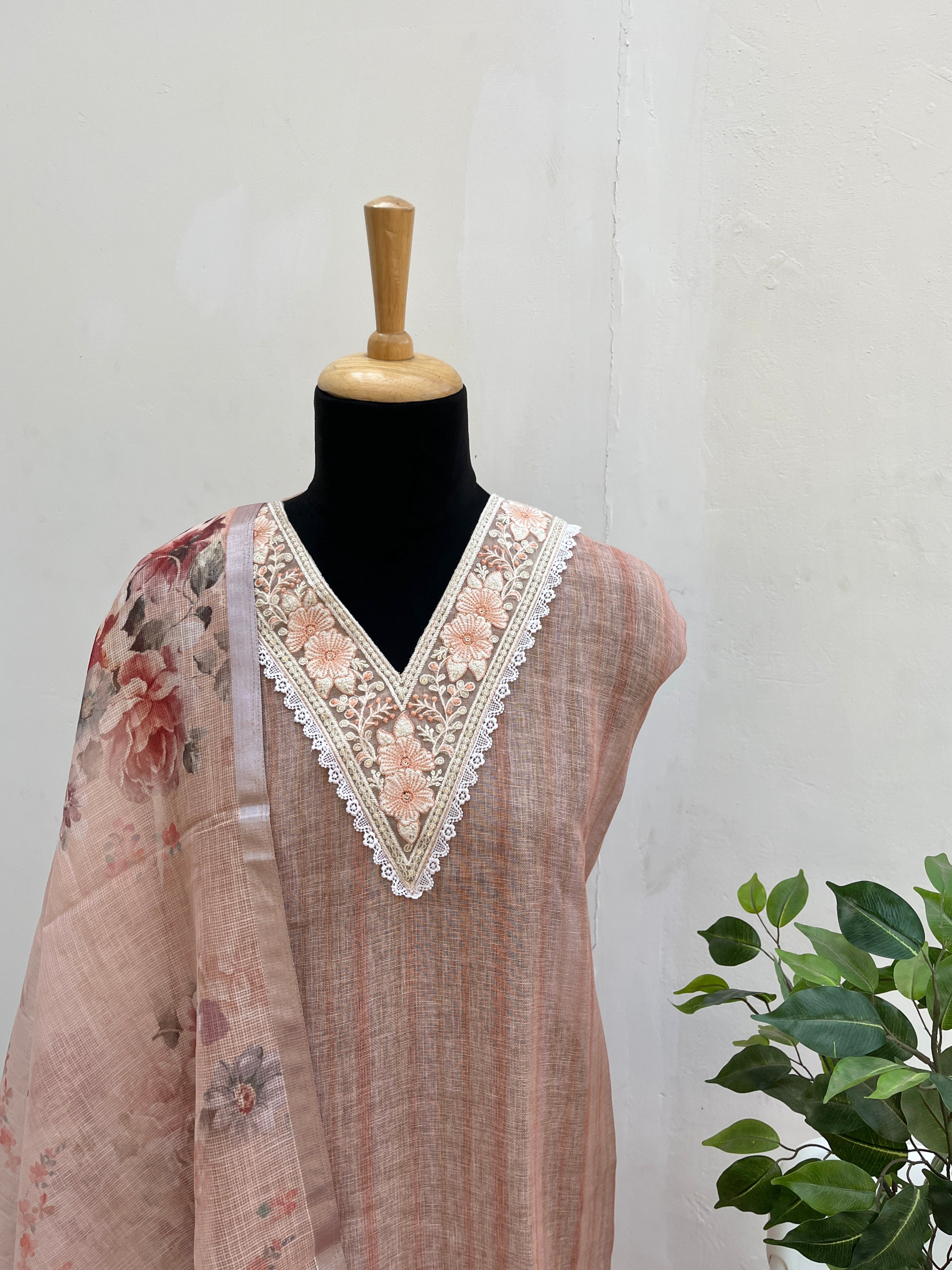 Peach Linen cotton semi stitched salwar suit set