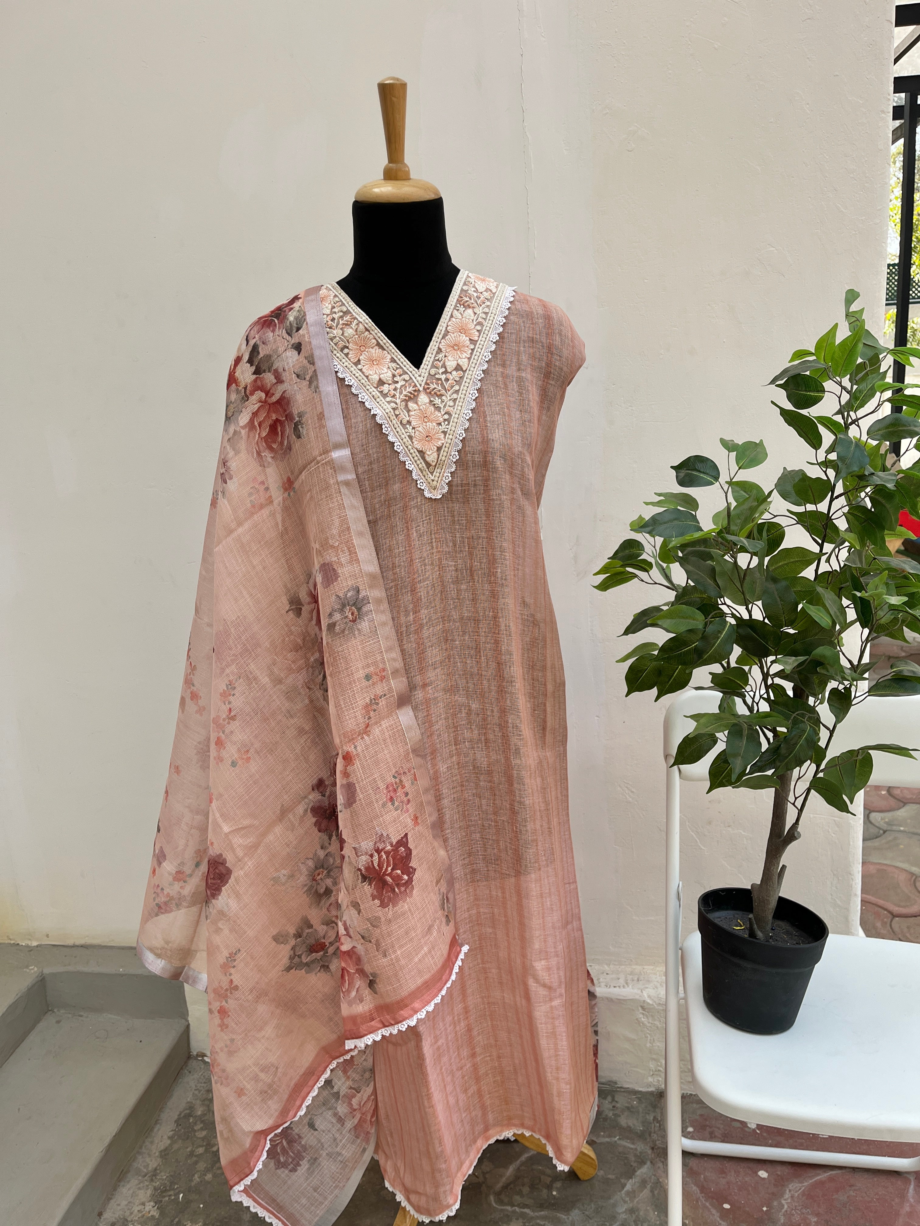 Peach Linen cotton semi stitched salwar suit set