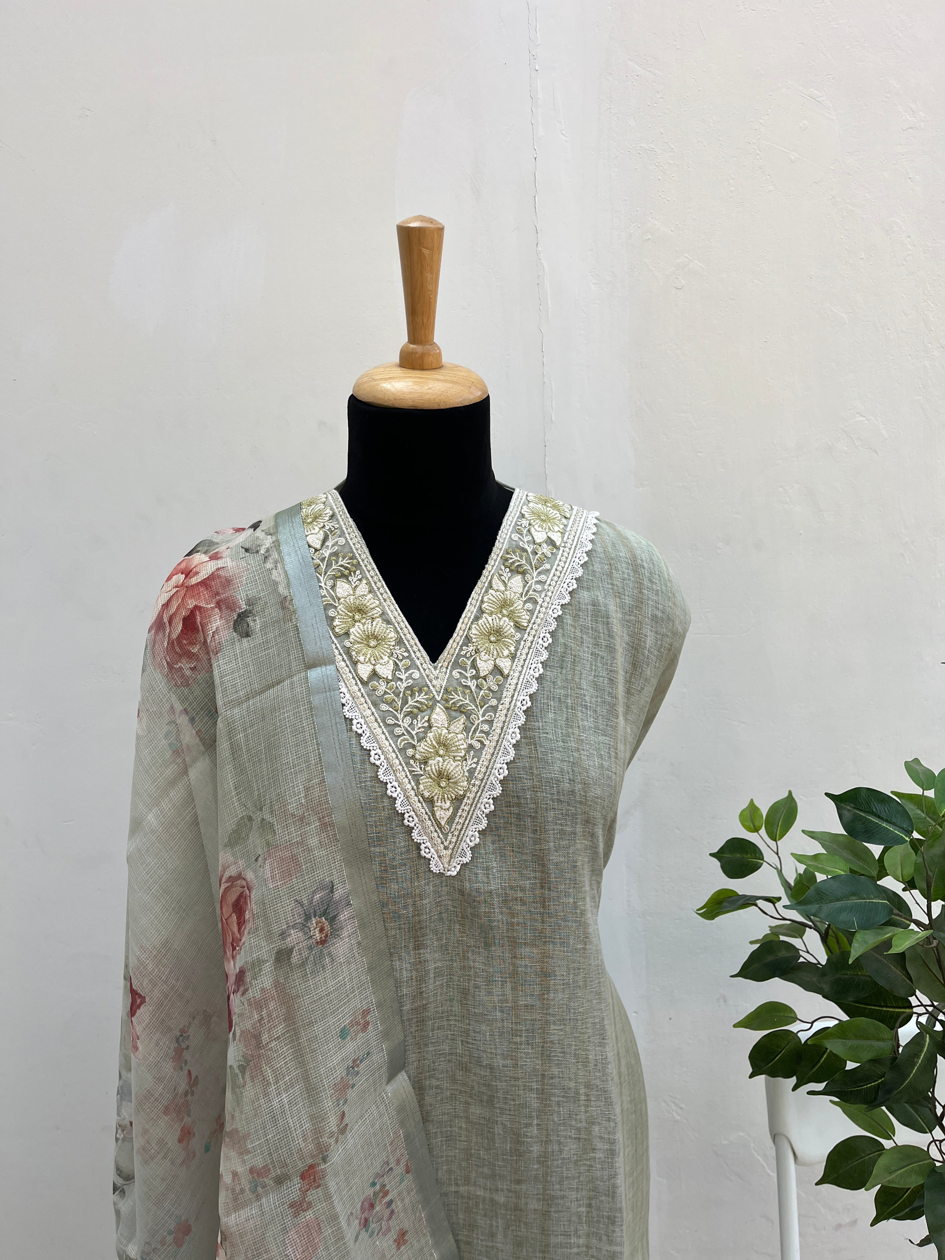 Sage Green Linen cotton semi stitched salwar suit set