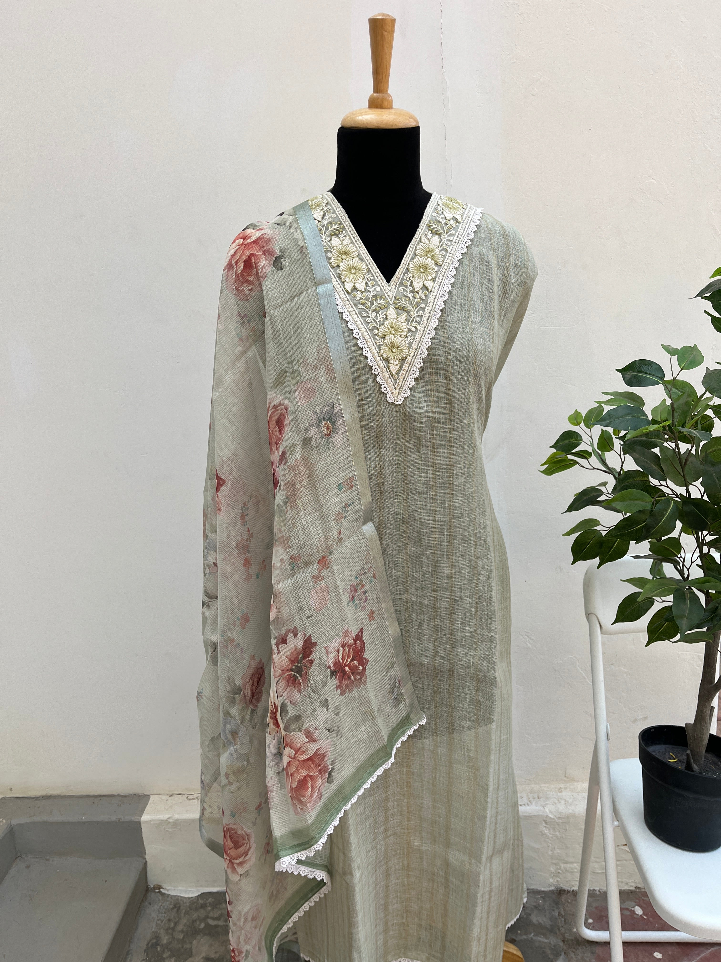 Sage Green Linen cotton semi stitched salwar suit set