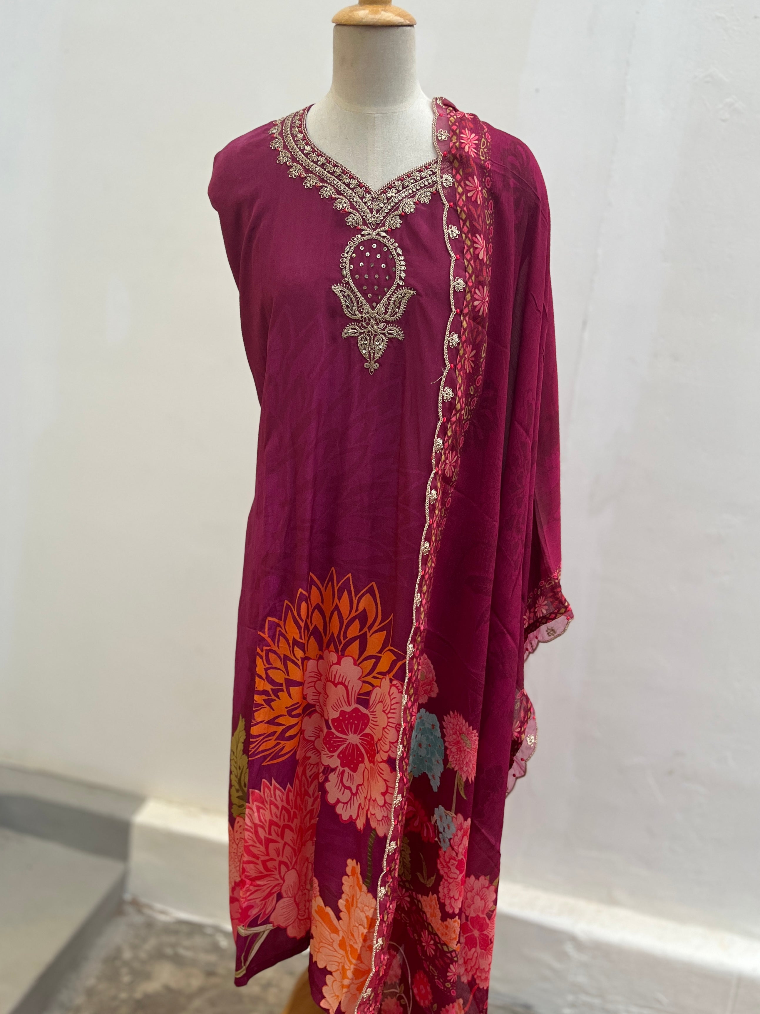 Berry pink semi stitched suit set