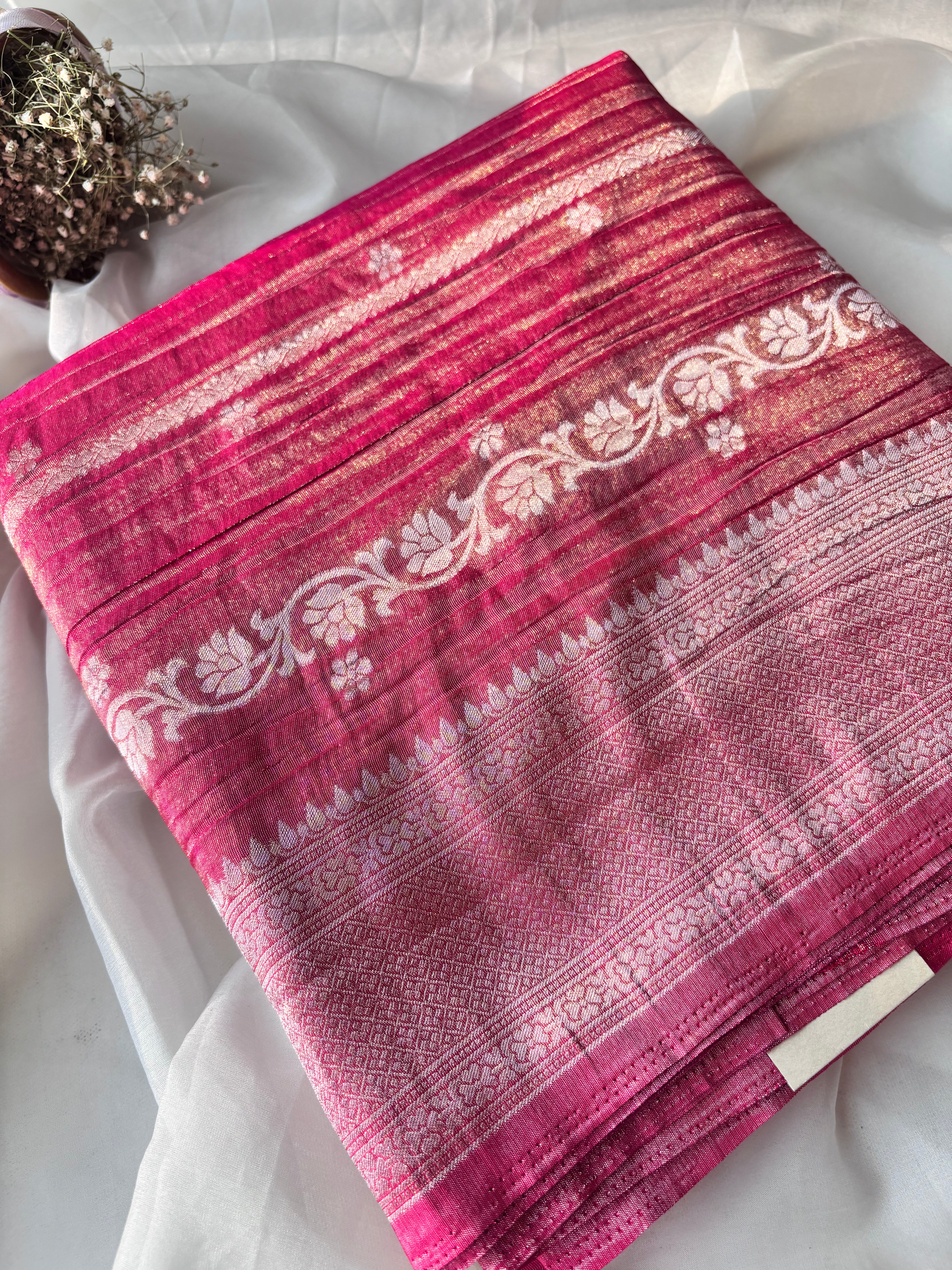 Pink Crushed tissue banaras sarees