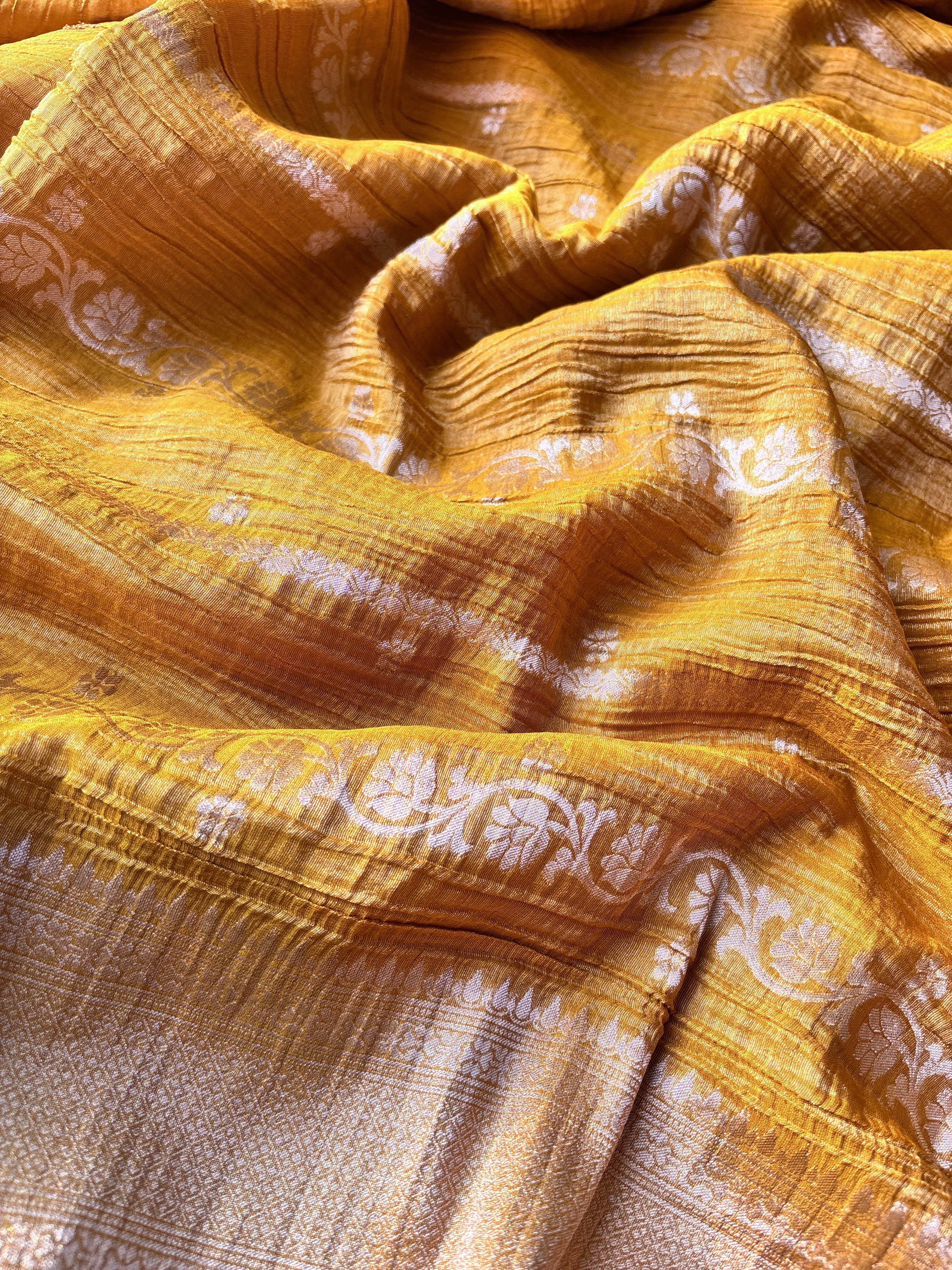 Mustard Crushed tissue banaras sarees