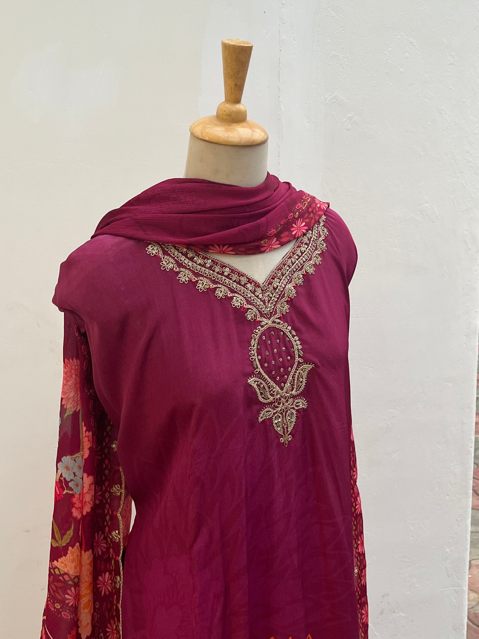 Berry pink semi stitched suit set