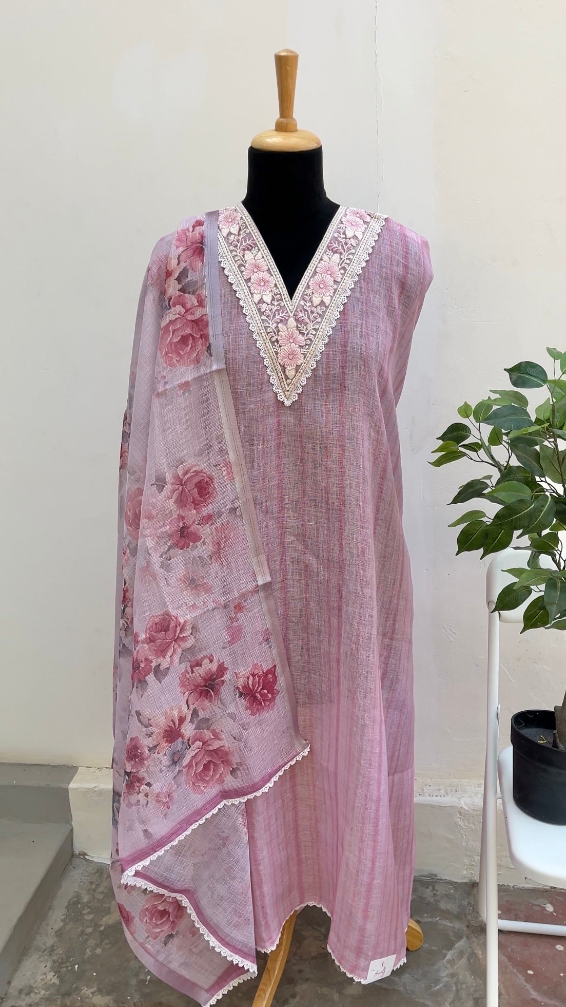 Onion Pink Linen cotton semi stitched salwar suit set