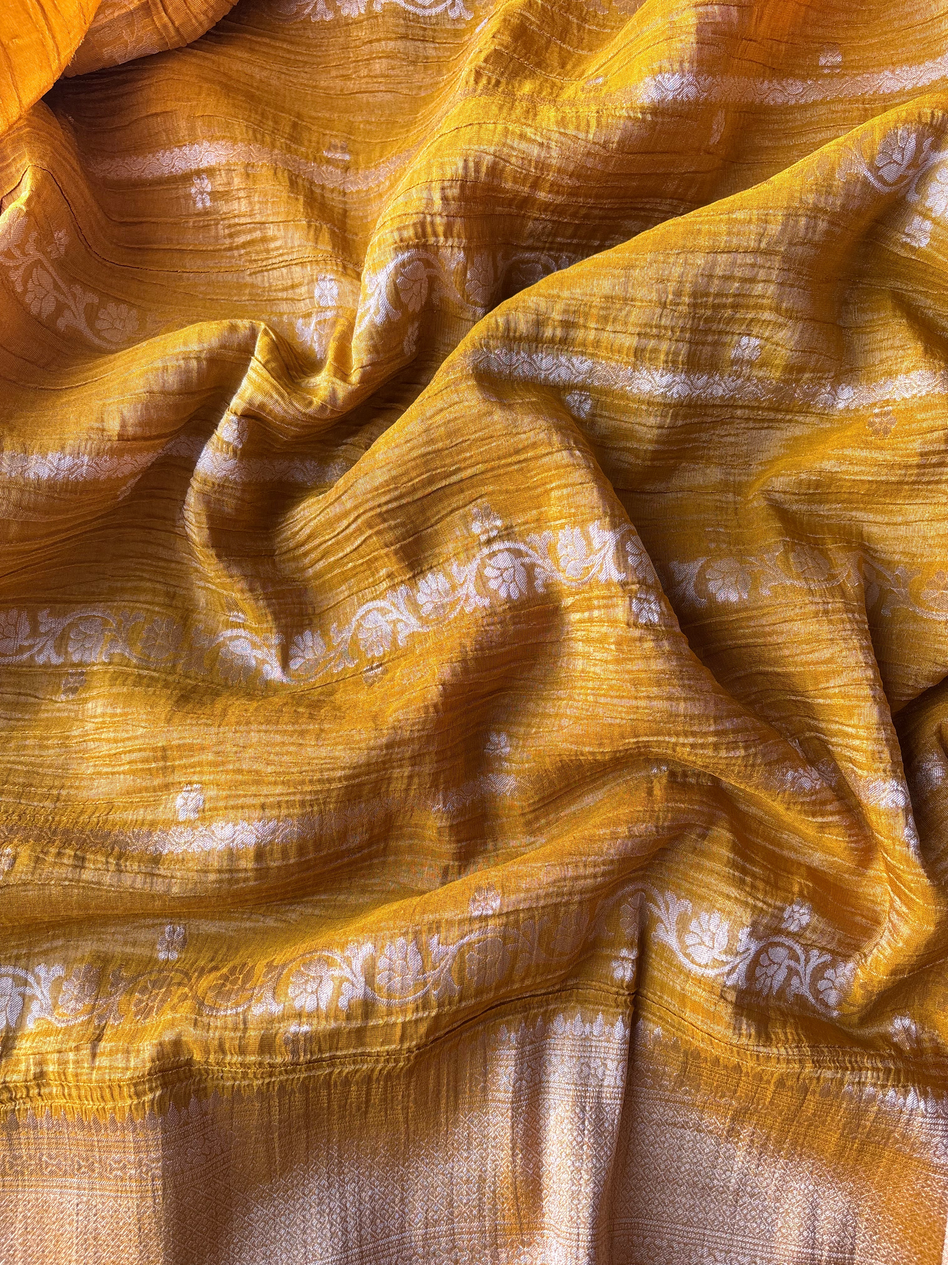 Mustard Crushed tissue banaras sarees