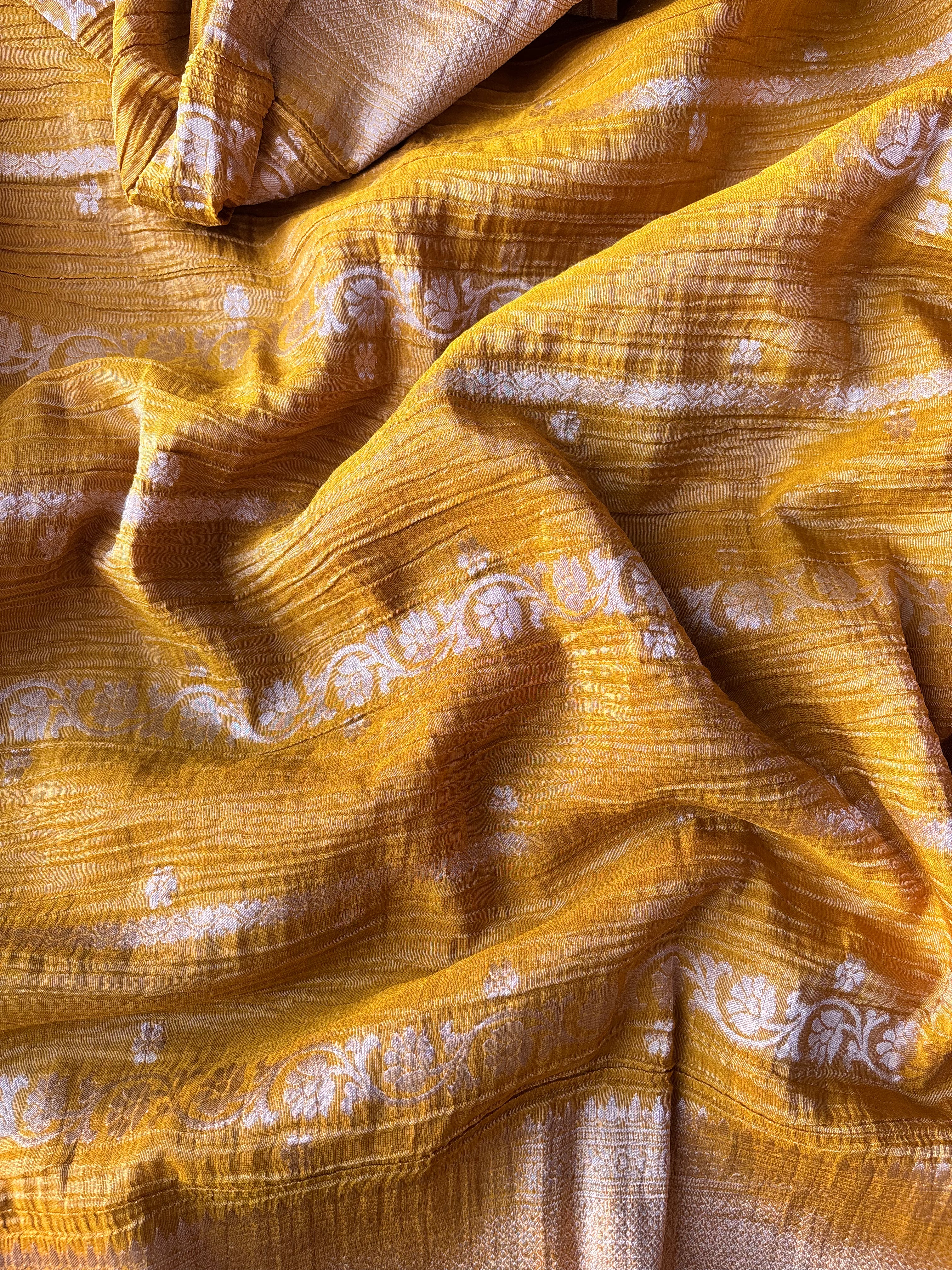 Mustard Crushed tissue banaras sarees