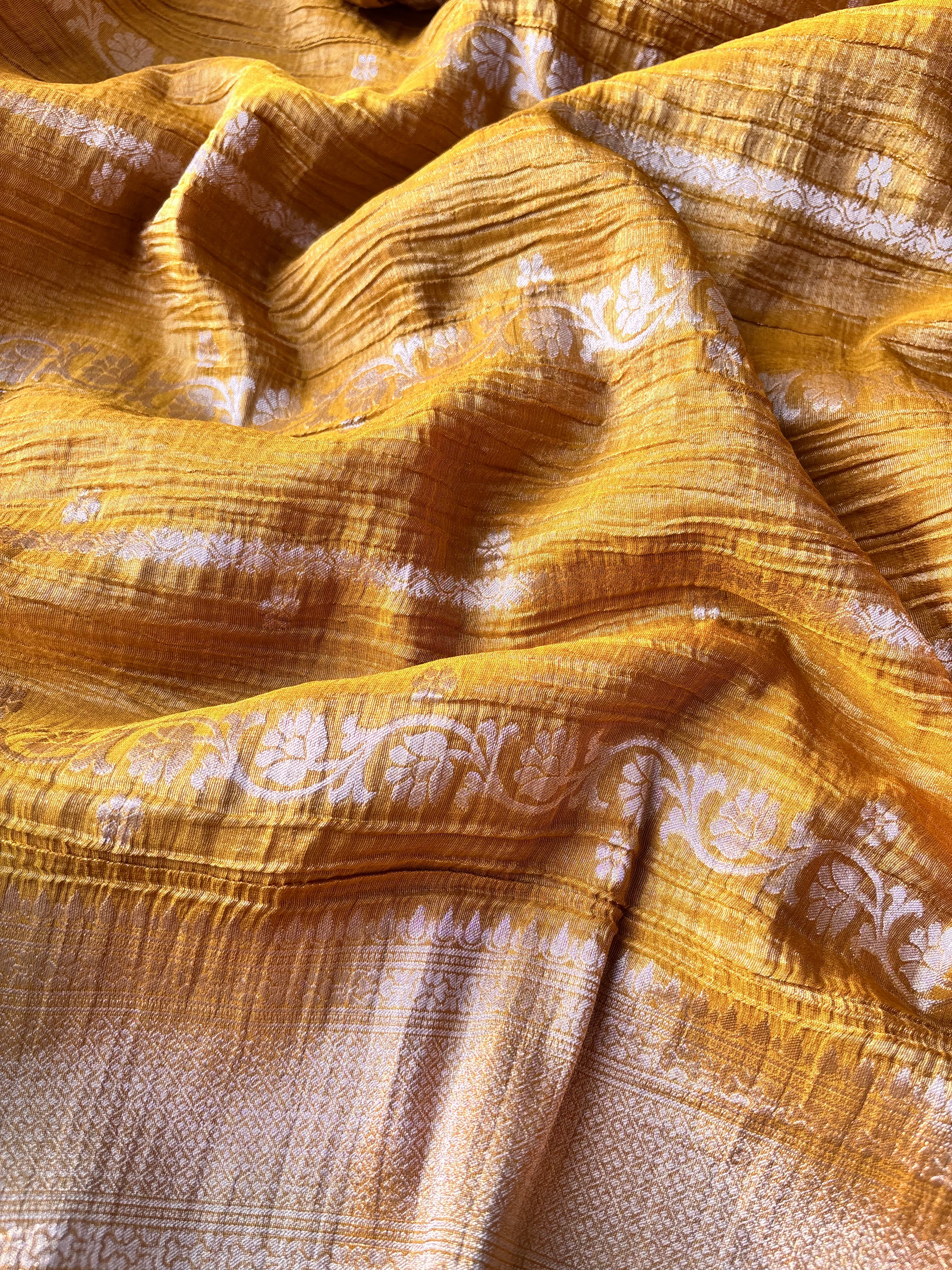 Mustard Crushed tissue banaras sarees