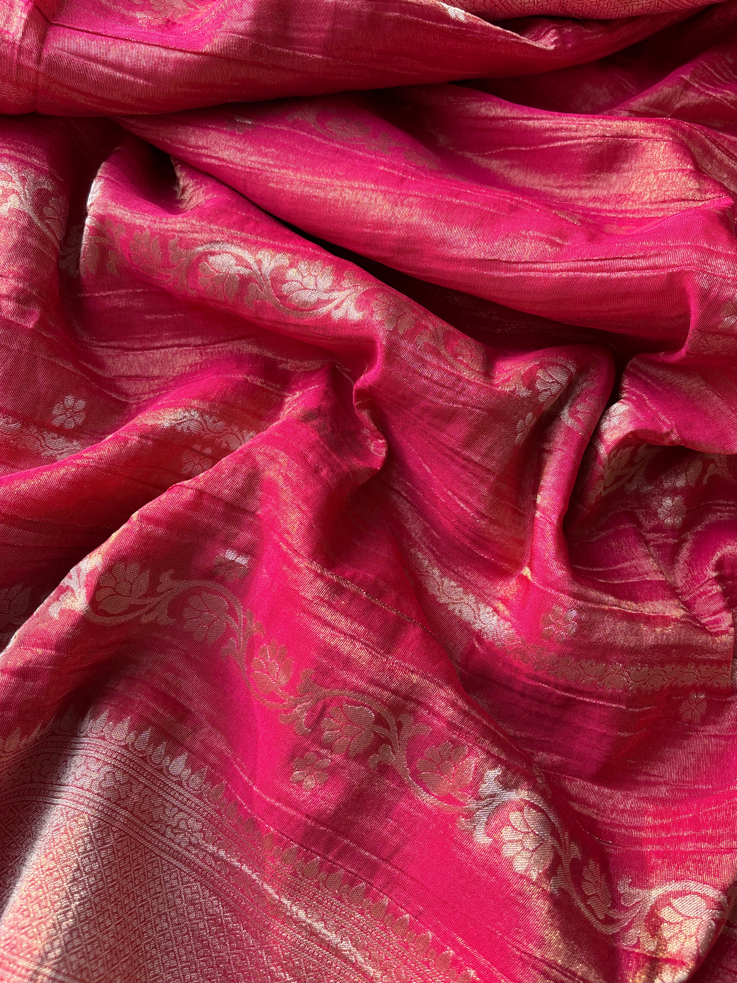 Pink Crushed tissue banaras sarees