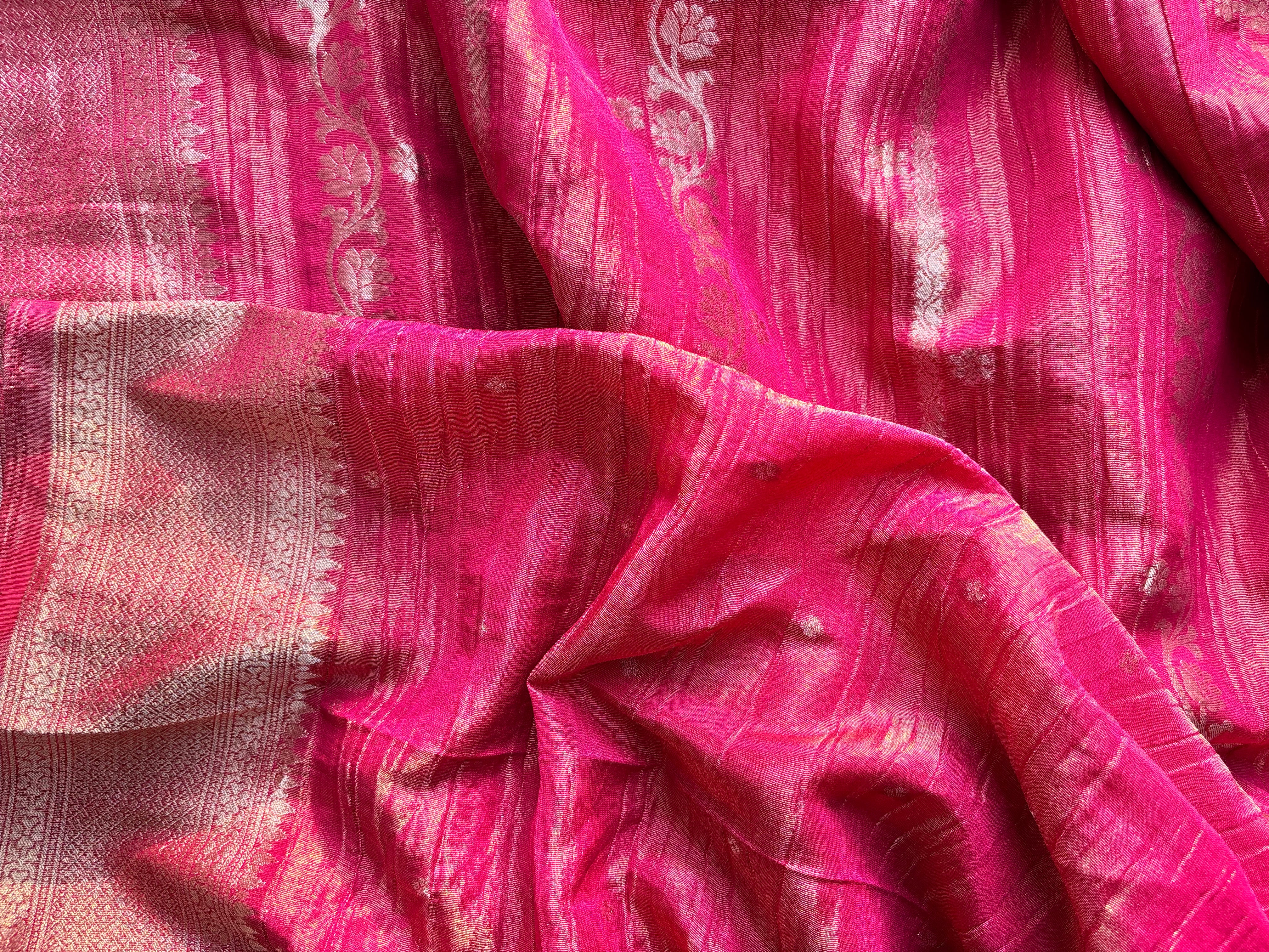 Pink Crushed tissue banaras sarees
