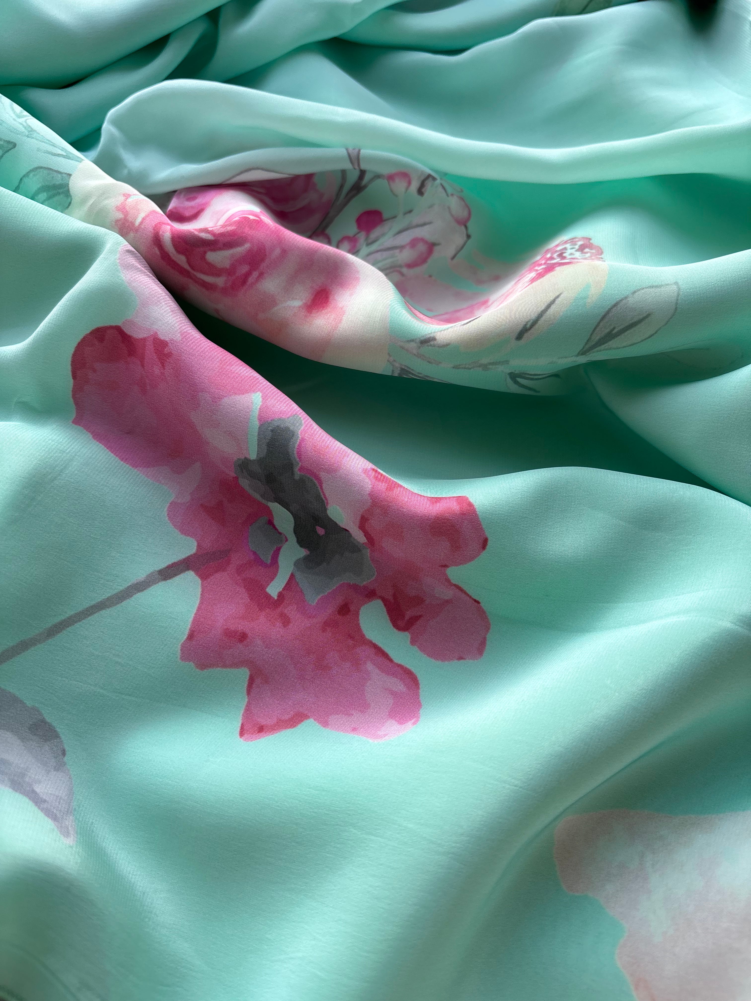 Green Floral Crape Saree