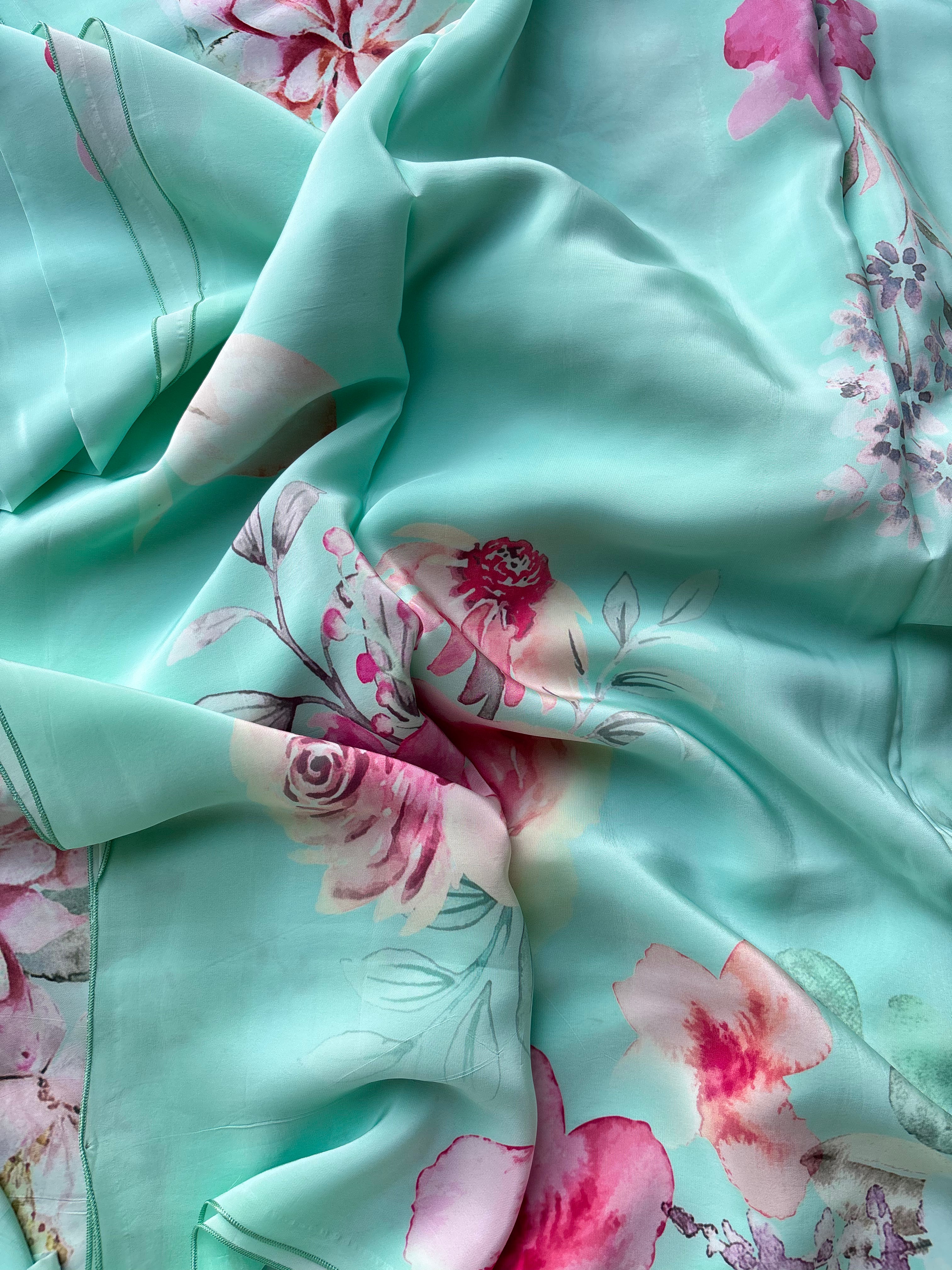 Green Floral Crape Saree