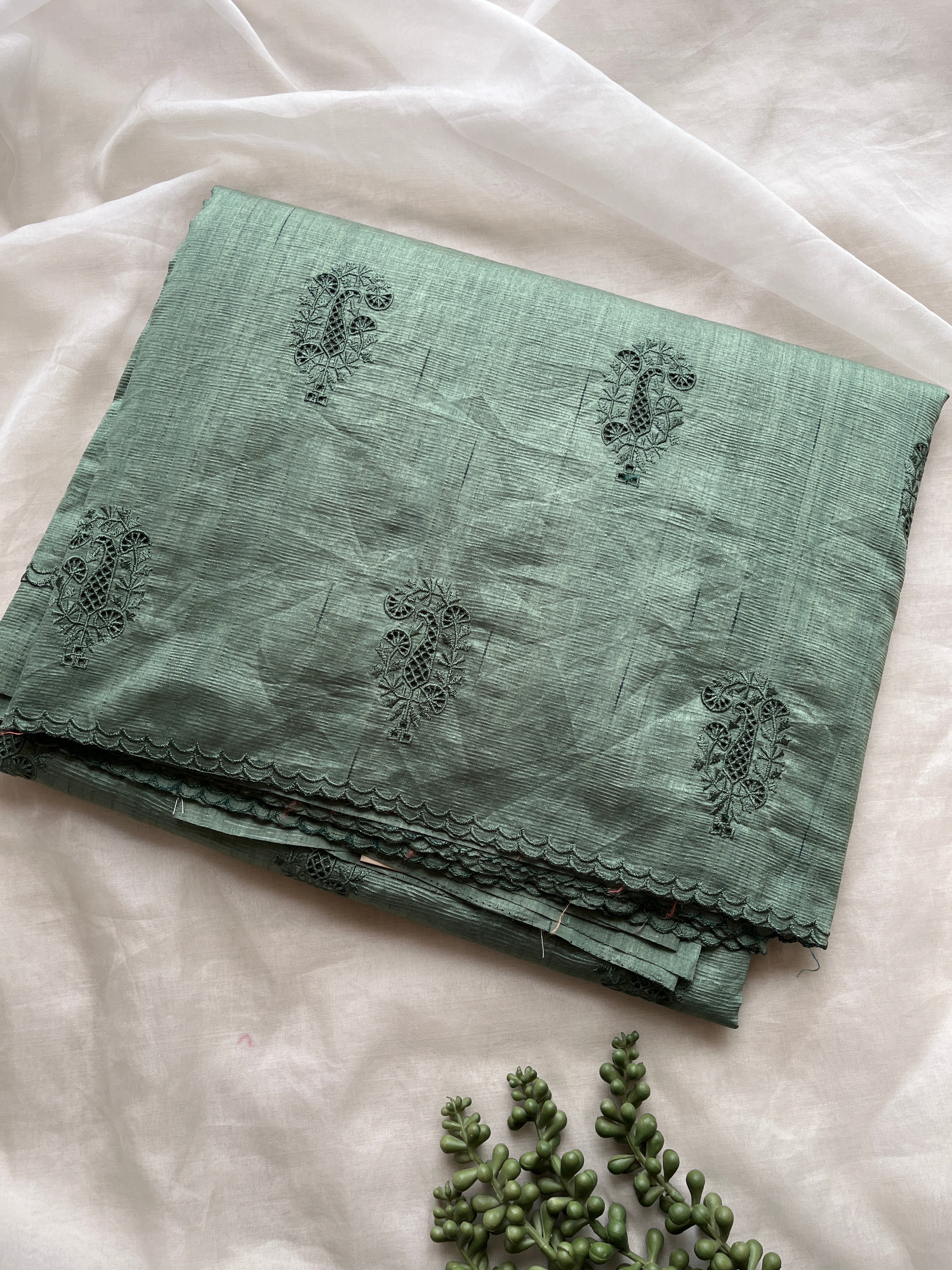 Green Semi tussar cut work saree