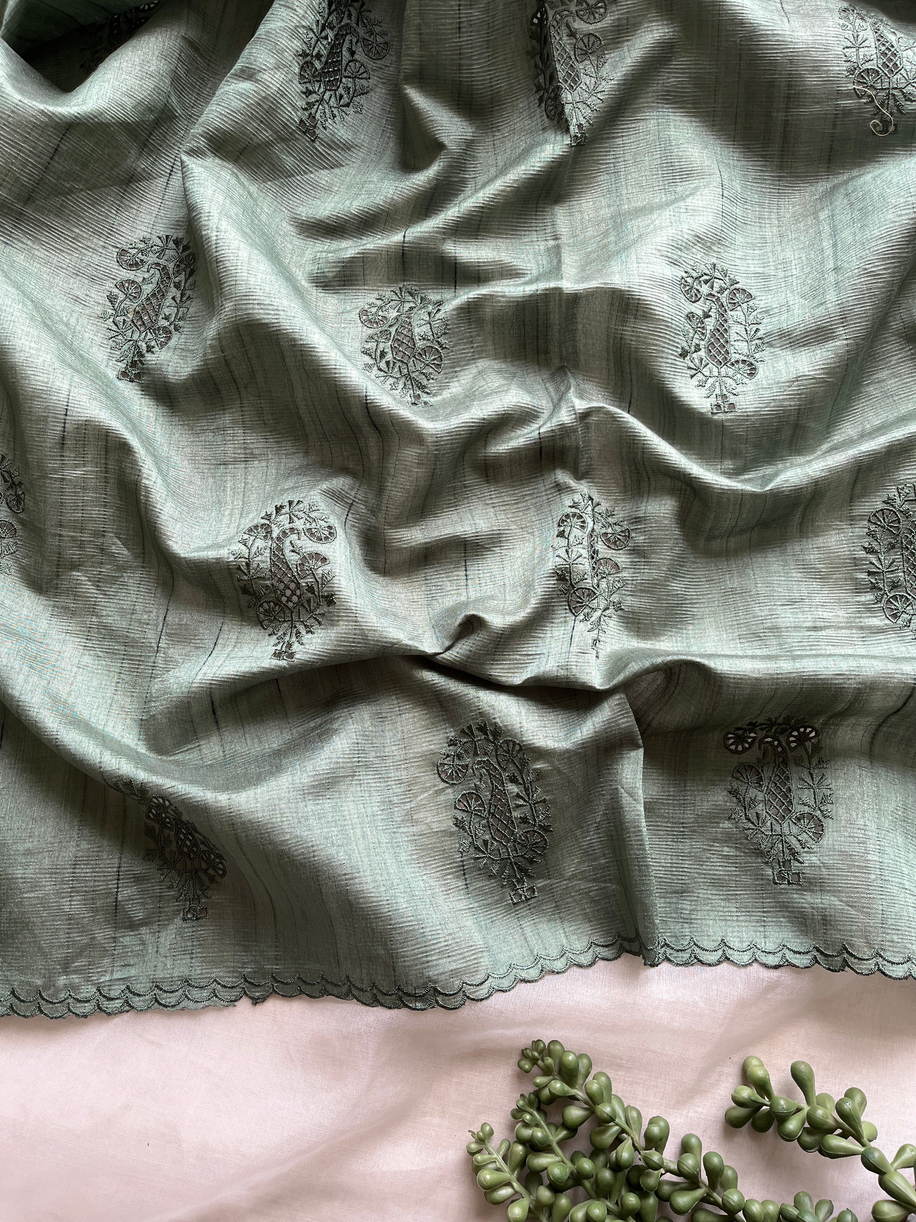 Green Semi tussar cut work saree