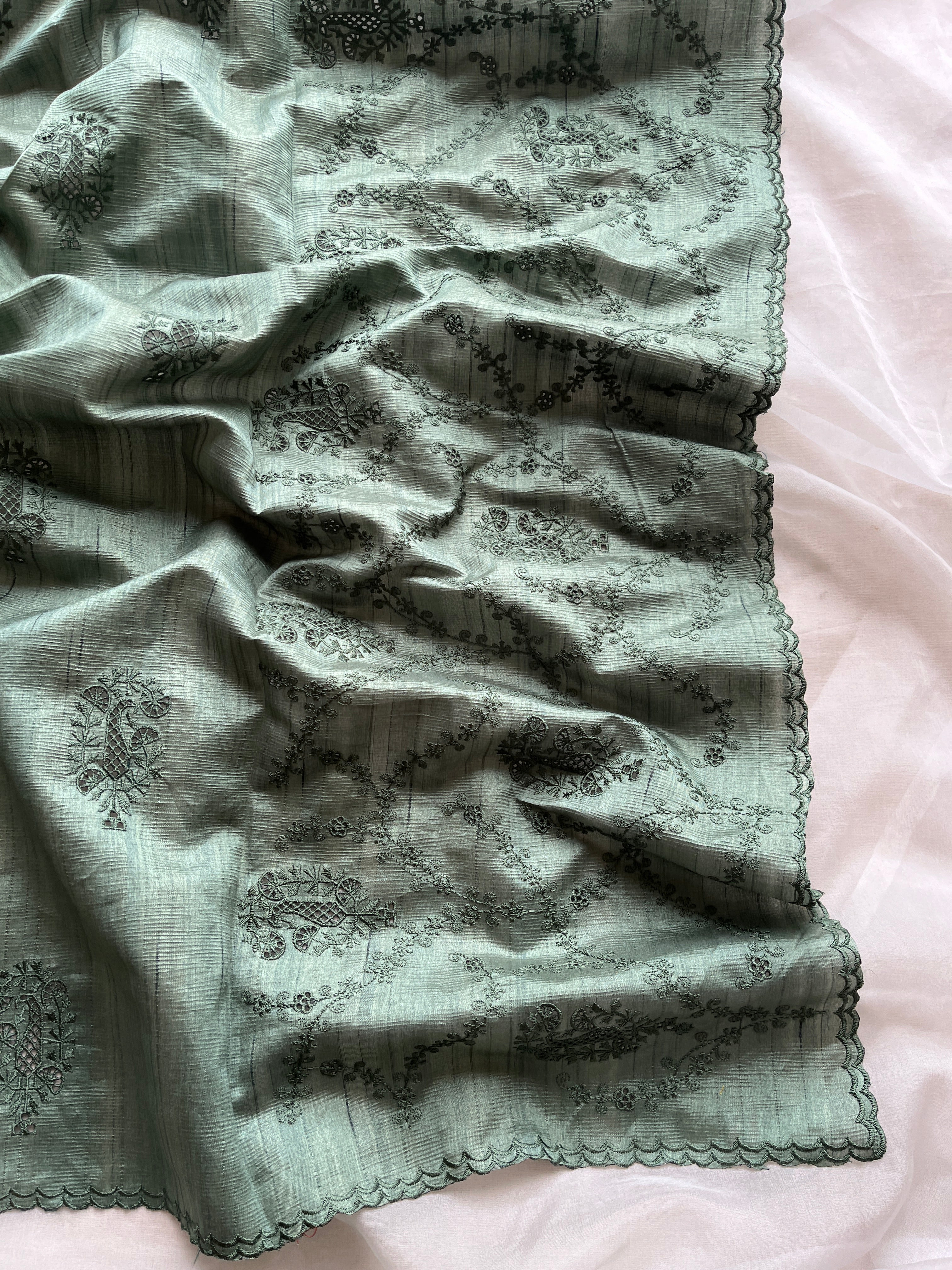 Green Semi tussar cut work saree