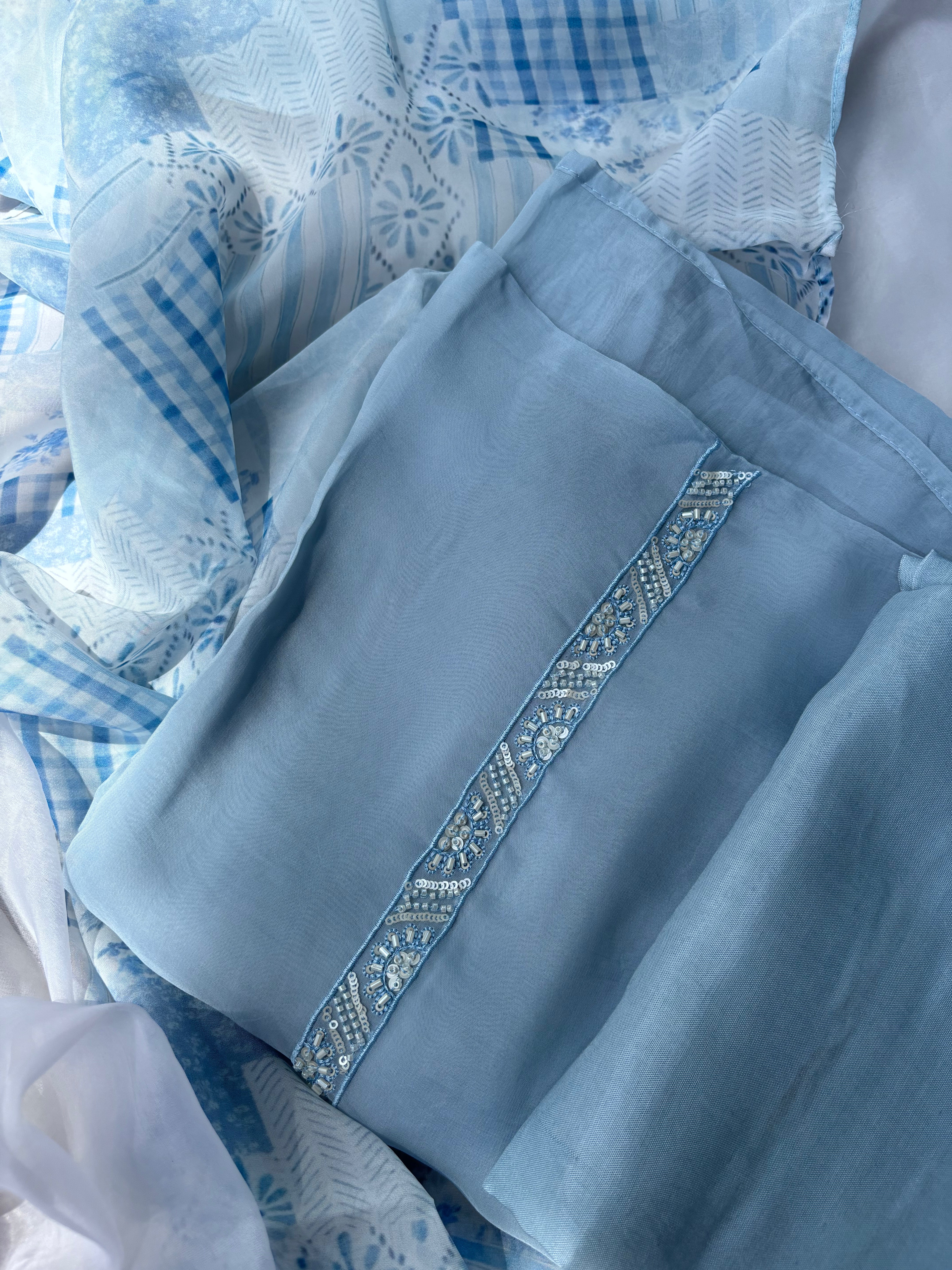 Powder blue Organza Unstitched salwar set