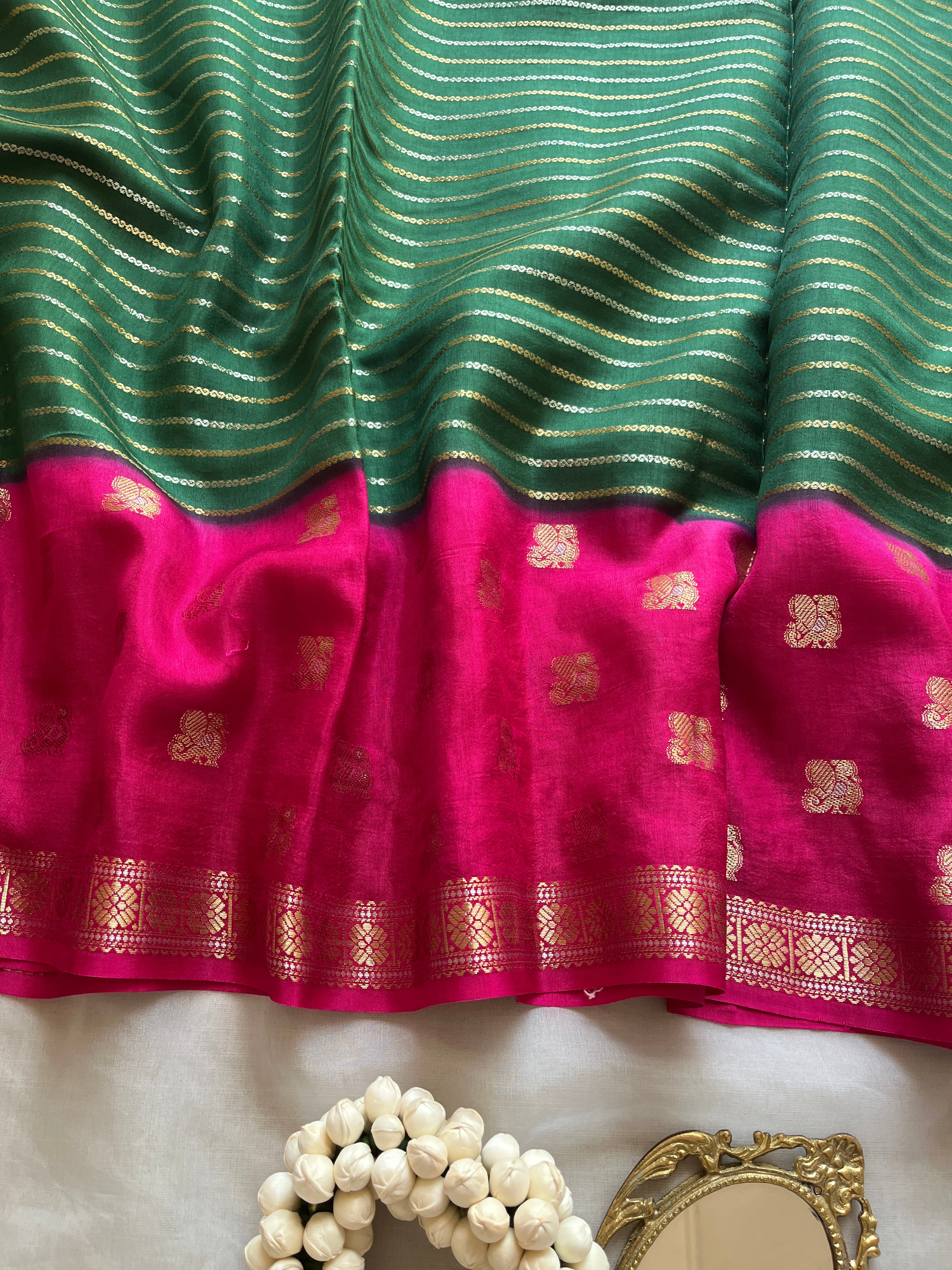 Green with pink viscose silk saree