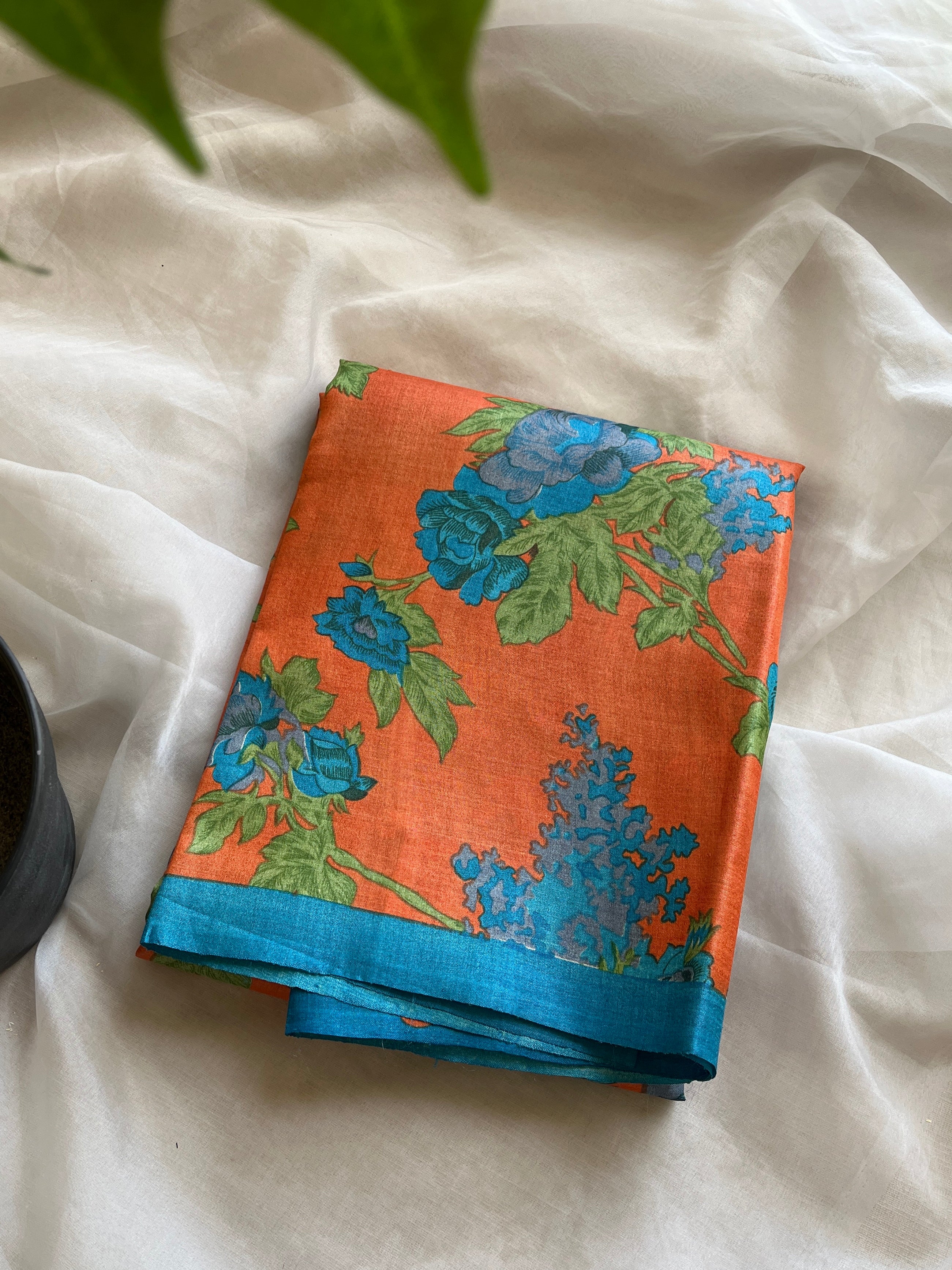 Orange blue floral tussar saree
