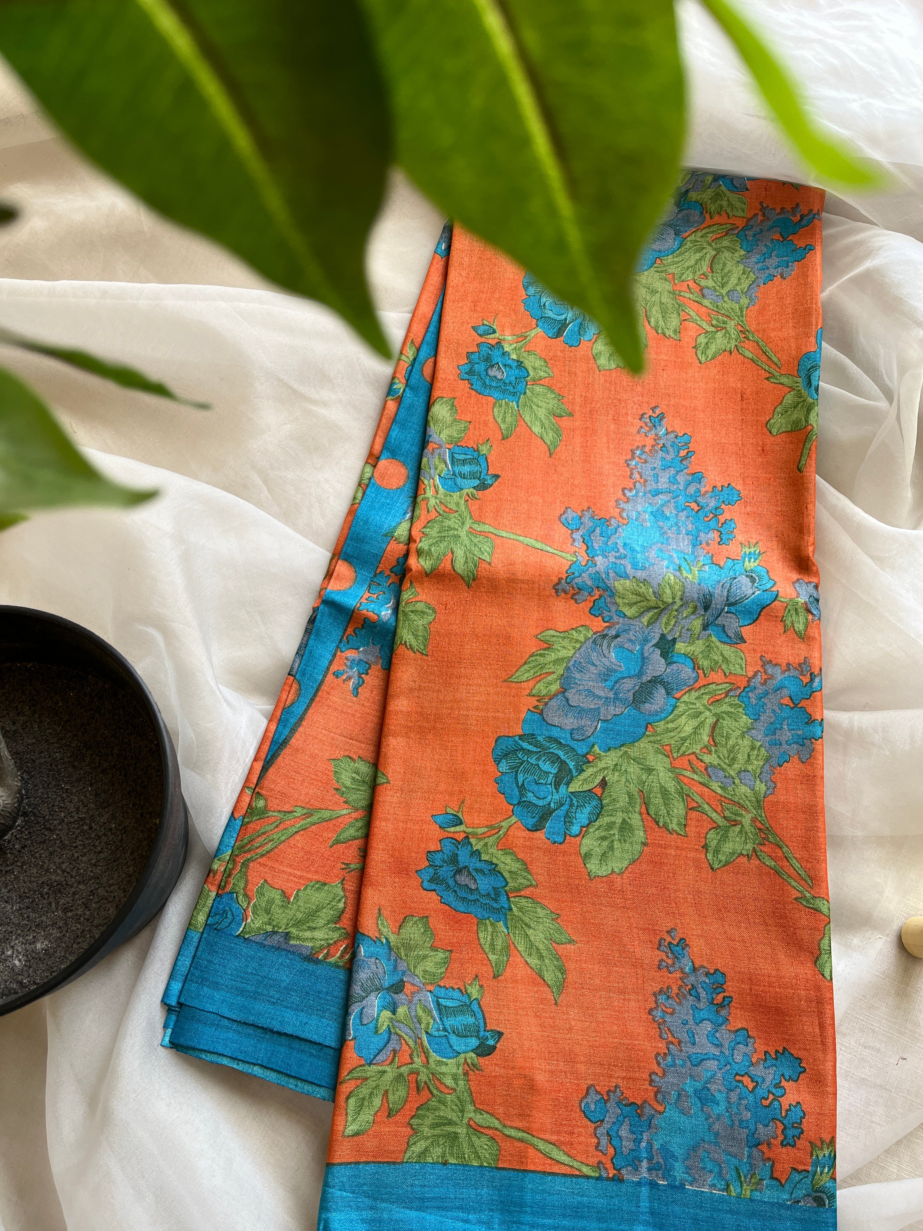 Orange blue floral tussar saree