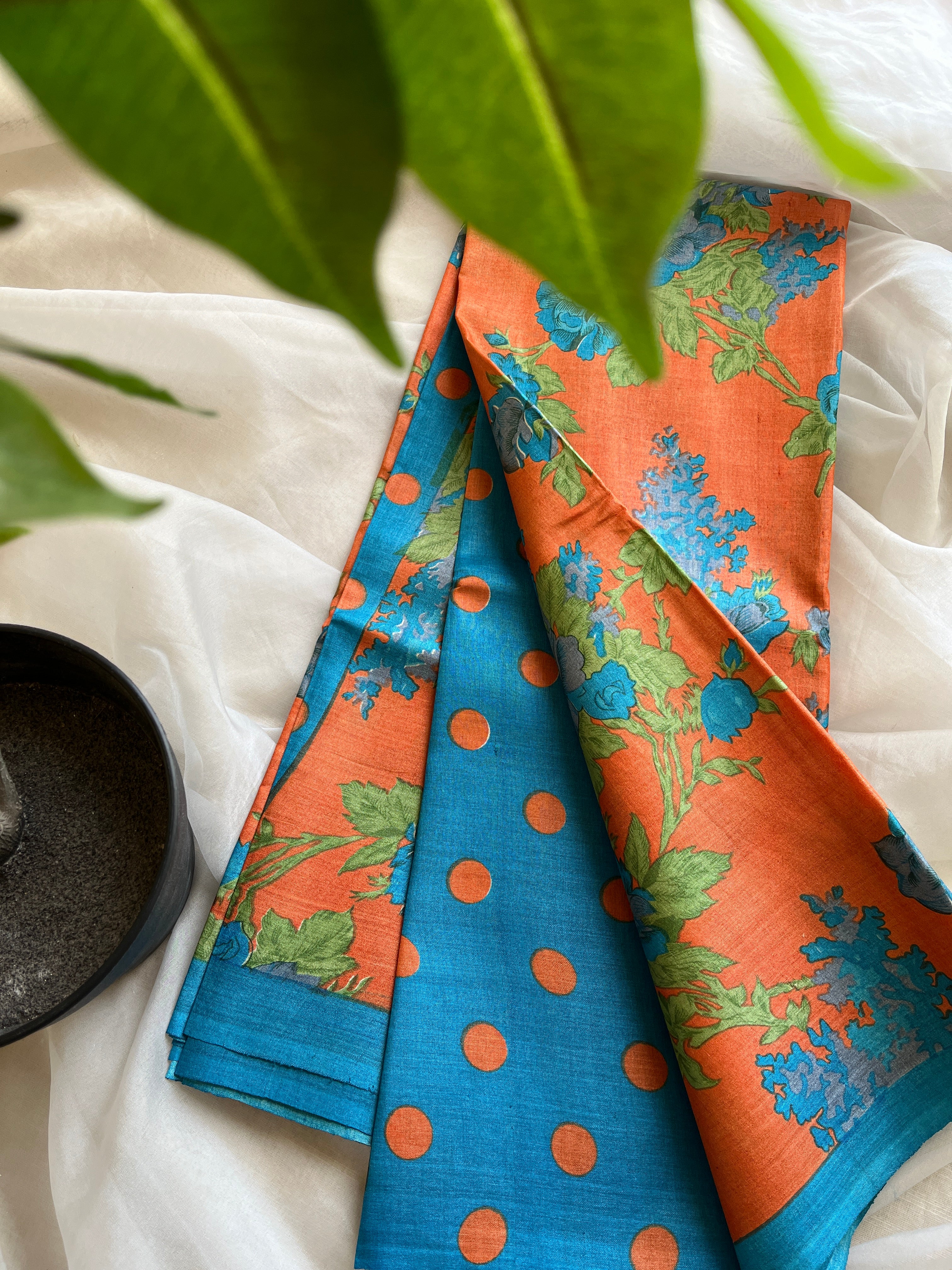 Orange blue floral tussar saree