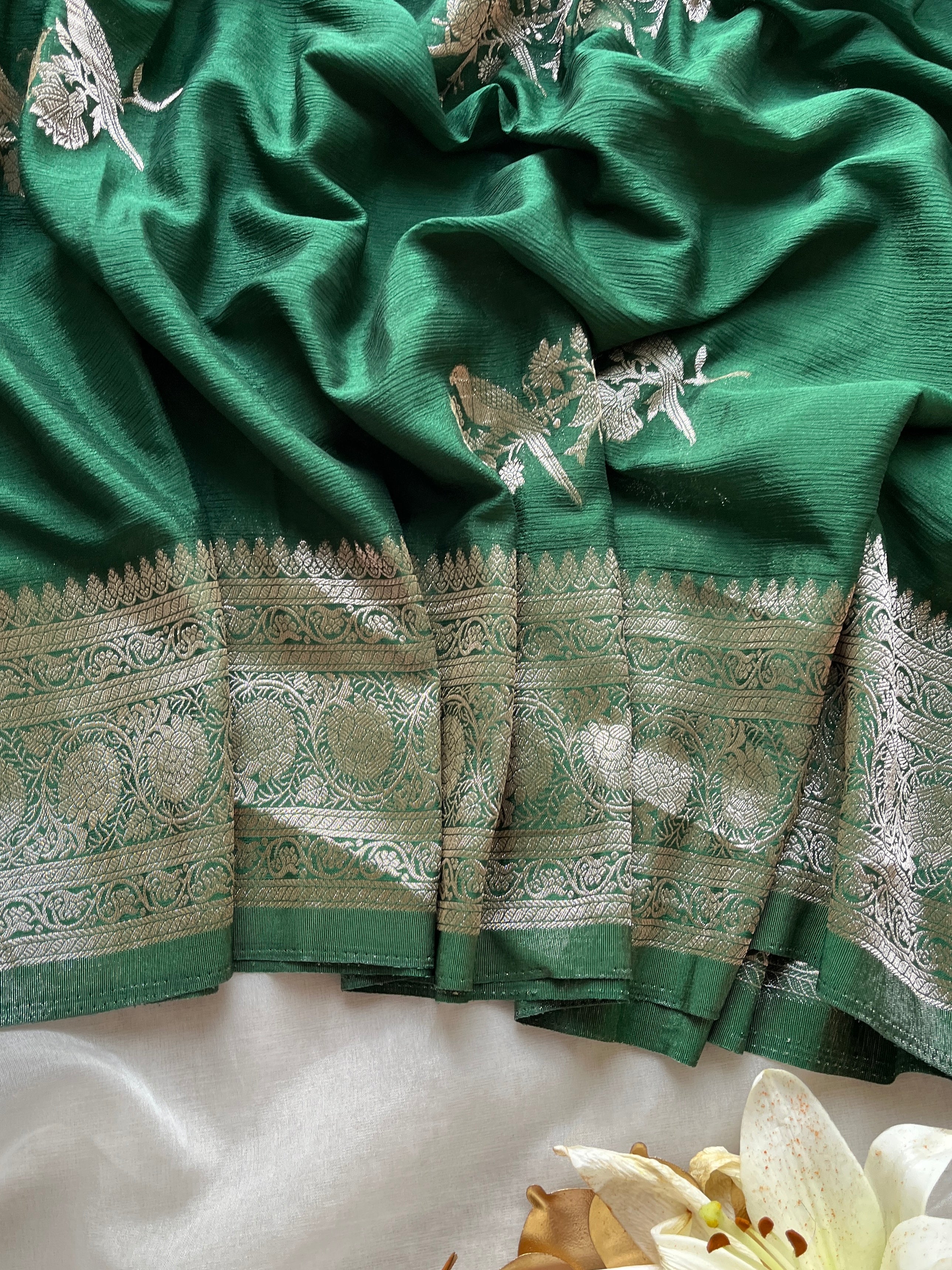 Emerald Green Chiffon Banarasi Saree